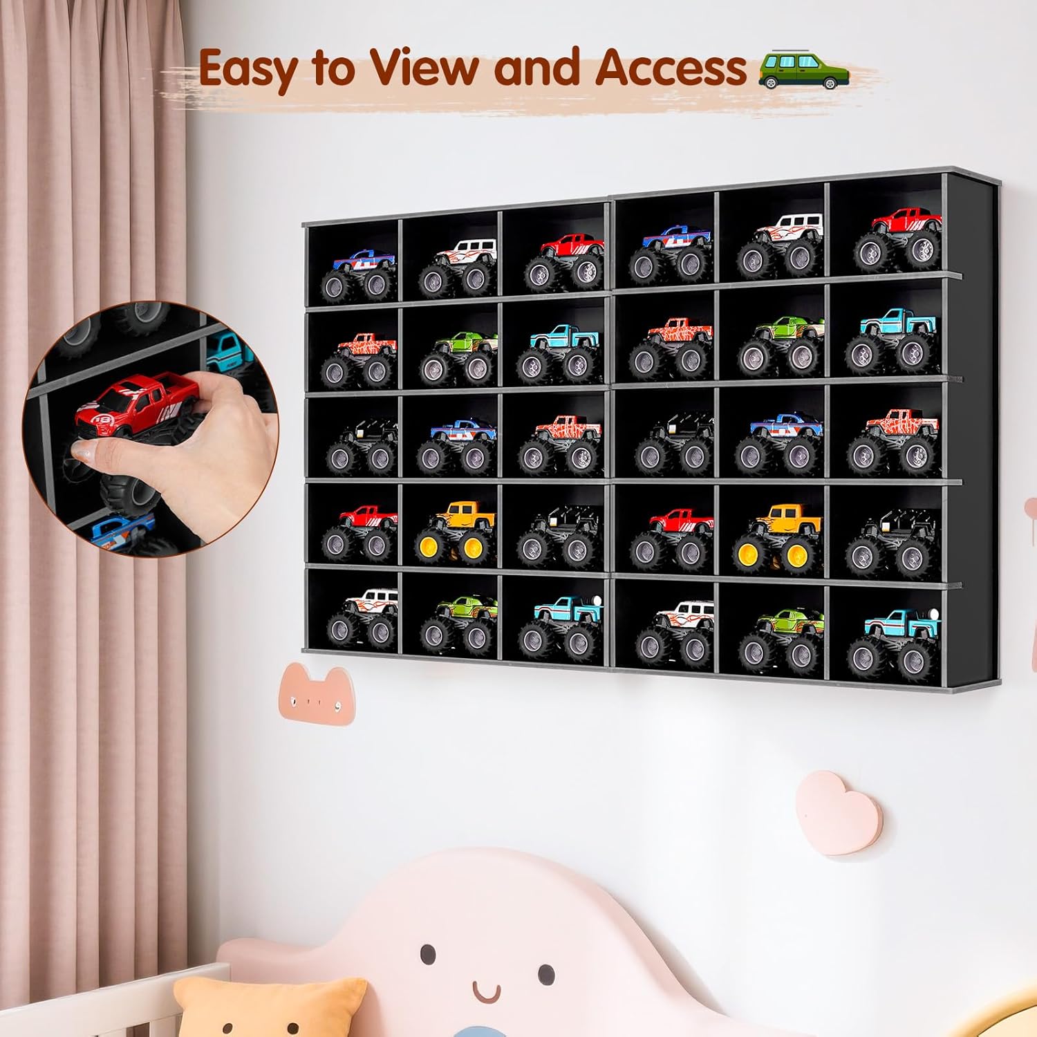 2 Pack Trucks Display Shelf, 15 Slot Toy Cars Display Case, Wall Mounted Toy Truck Storage Organizer Holder, Black