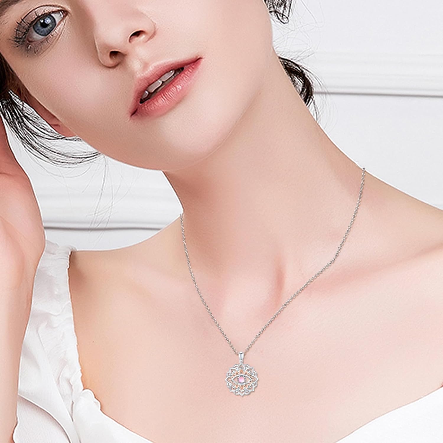 CUOKA MIRACLE Lotus Eye Necklace for Women Moonstone Evil Eye Lotus Protection Pendant 925 Sterling Silver Lotus Necklace Lotus Flower Charm Jewelry for Birthday Halloween for Women Men Teen - Image 4