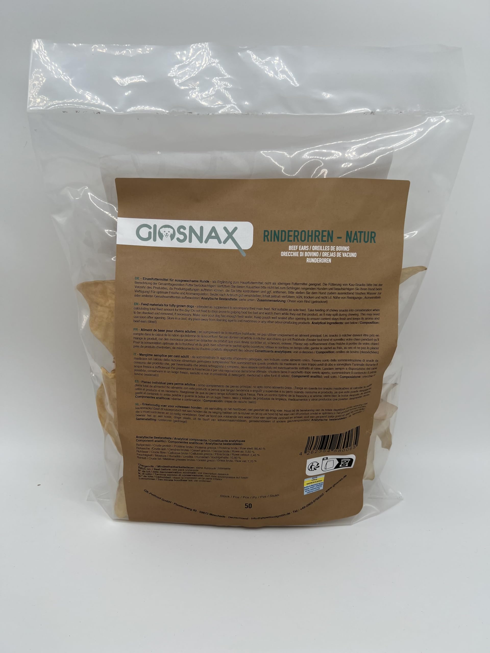 Orecchie di manzo essiccate Natural Small, bocconcino, snack, 100% manzo, per cani, senza guscio, delicatamente essiccato, alimento singolo, 7-15 g per orecchio di manzo, 50 pezzi