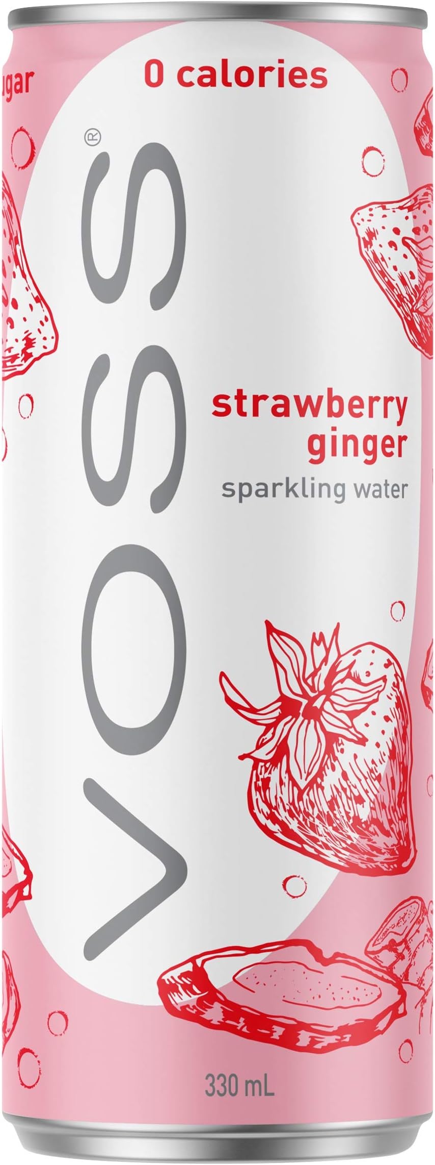 VOSS Strawberry Ginger Flavoured Sparkling Water Can 330 ml, Pack of 24