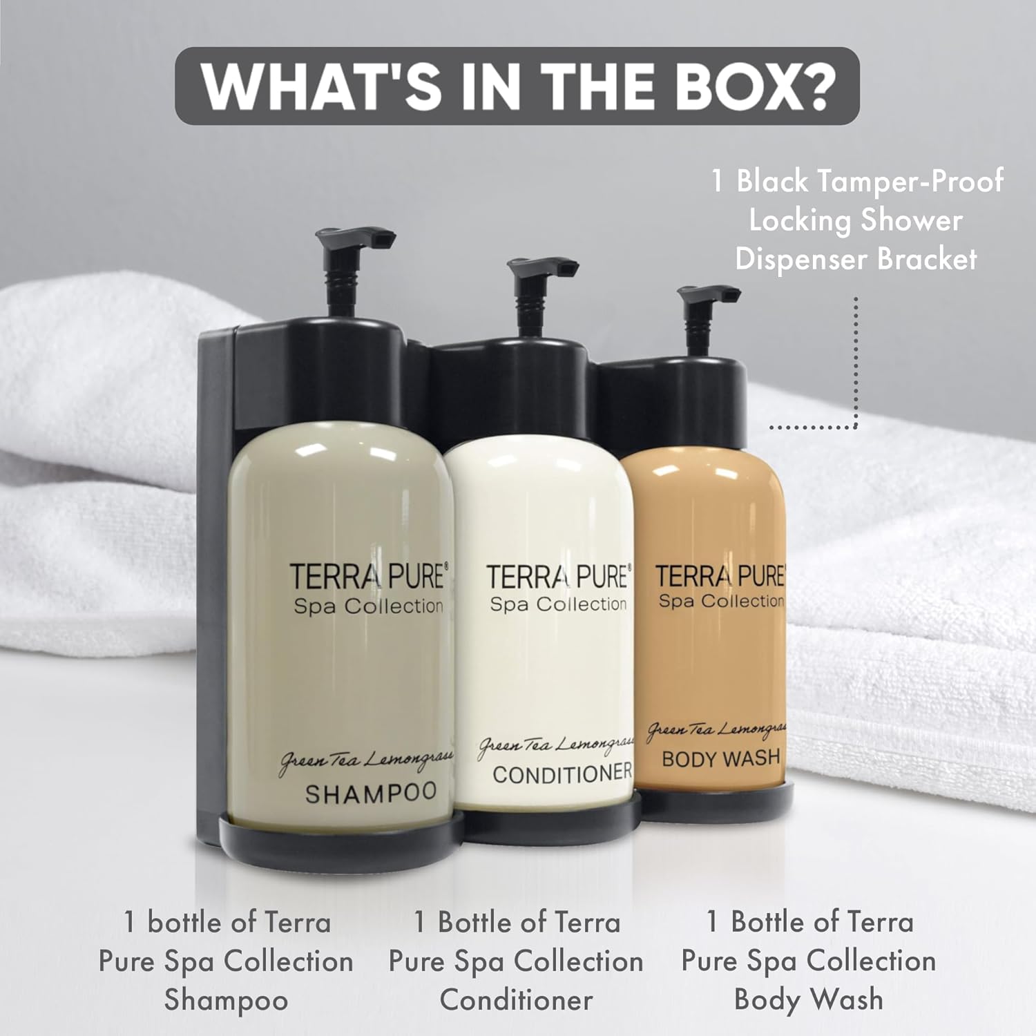 Terra Pure Spa Collection | Wall-Mounted No-Drill Hotel Amenities Dispenser | 10.14oz Bottles | Tamper-Proof Locking Bracket | 1 Bracket with Shampoo, Conditioner, and Body Wash - Image 5
