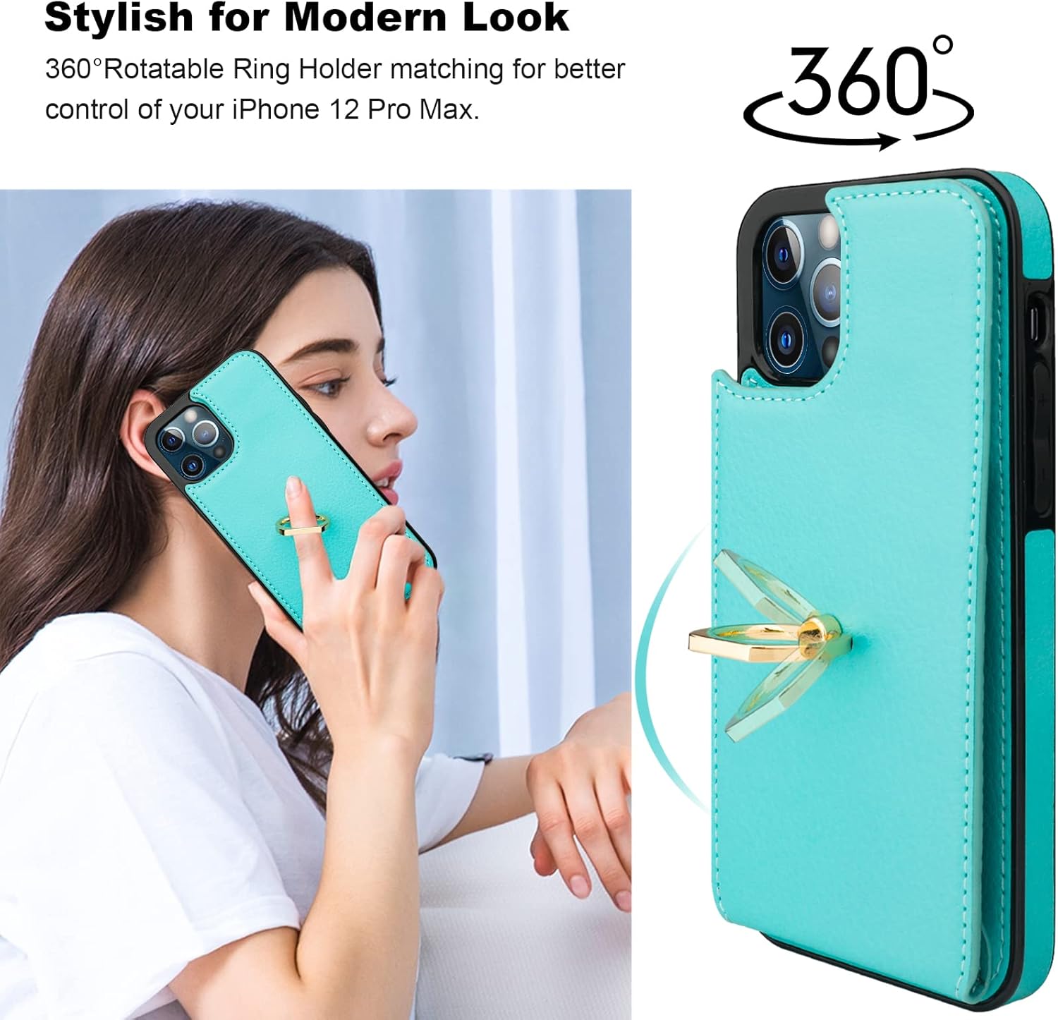 Folosu Compatible with iPhone 12 Pro Max Case Wallet with Card Holder, 360°Rotation Finger Ring Holder Kickstand Protective RFID Blocking PU Leather Double Buttons Flip Shockproof Cover 6.7 Inch Green