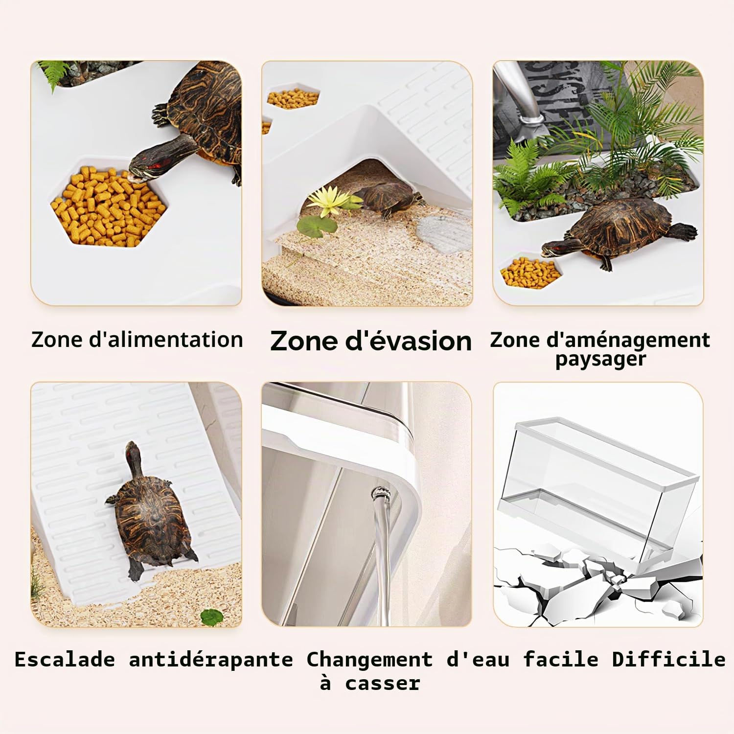 Aquarium pour tortues avec plateforme et drainage inférieur, 30 x 17,8 x 18,5 cm, pour tortues juvéniles, écrevisses, crabes, amphibiens, reptiles - Blanc