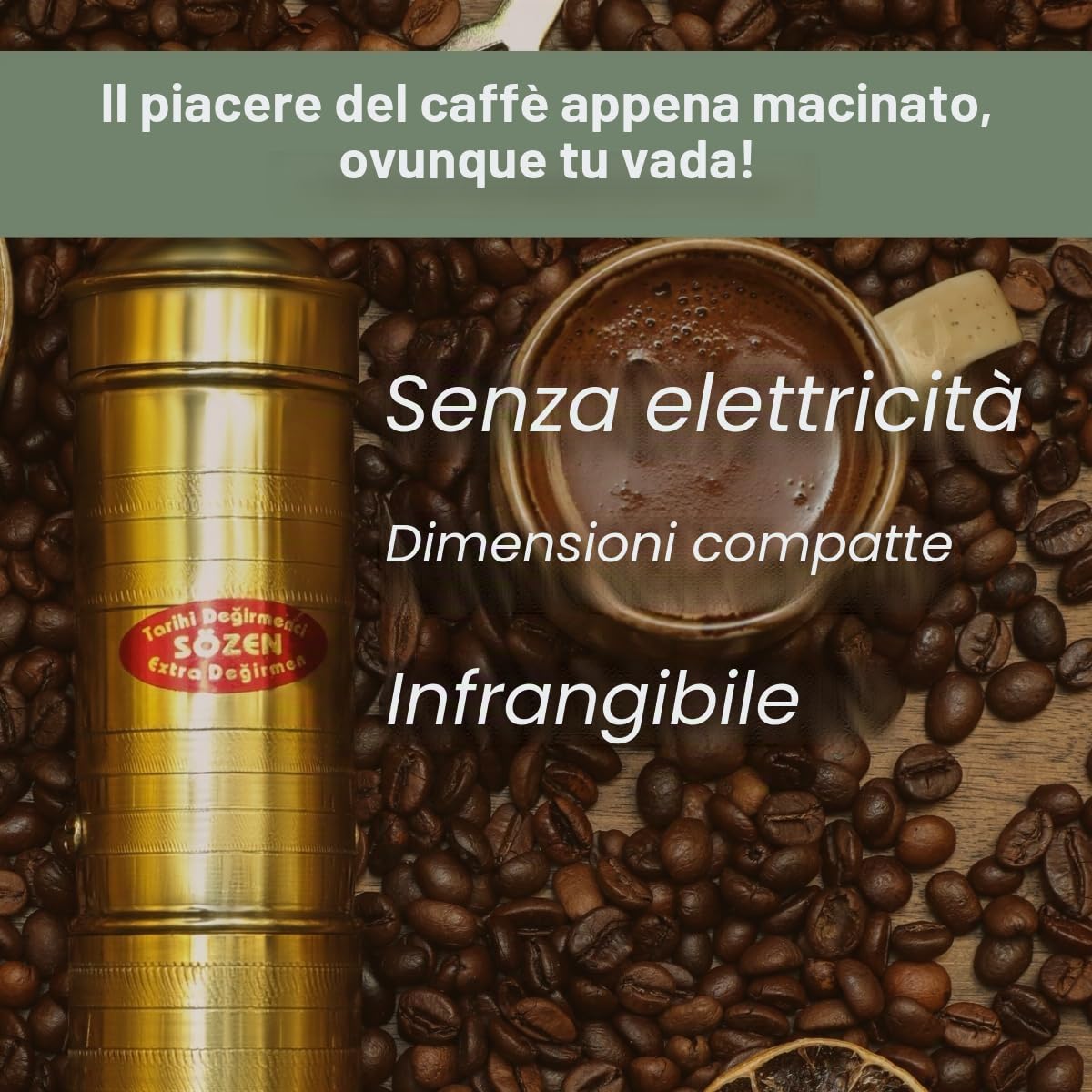 Sozen - Macinacaffè manuale da 22,9 cm, in ottone, con manovella, per caffè turco, francese, espresso, campeggio e uso domestico, macinino portatile per chicchi di caffè, macinino conico regolabile