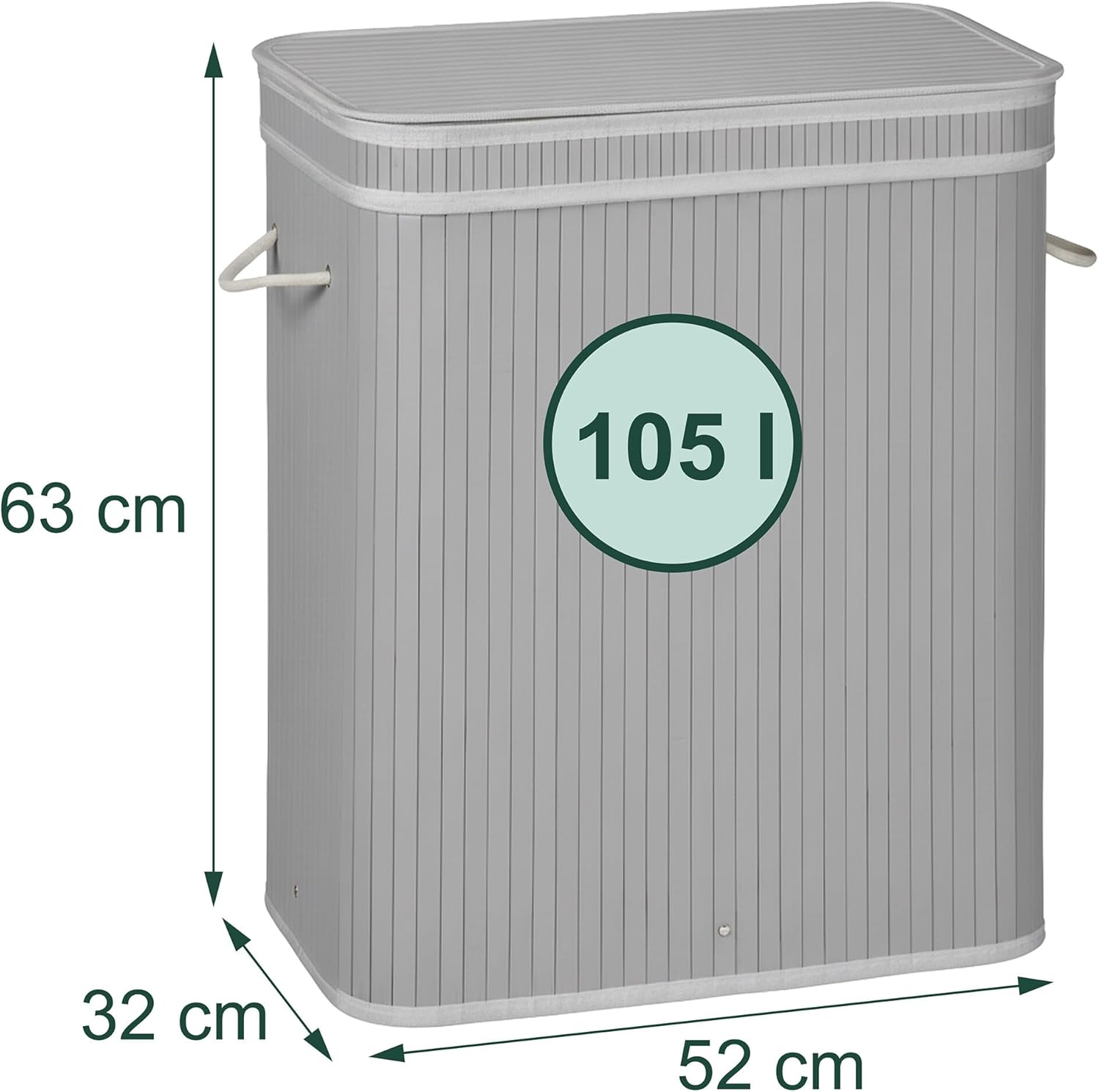 Relaxdays Laundry Basket with Lid, 3 Compartments, Bamboo, 105 L, Foldable, H x W x D: 63 x 52 x 32 cm, Laundry Sorting System, Grey