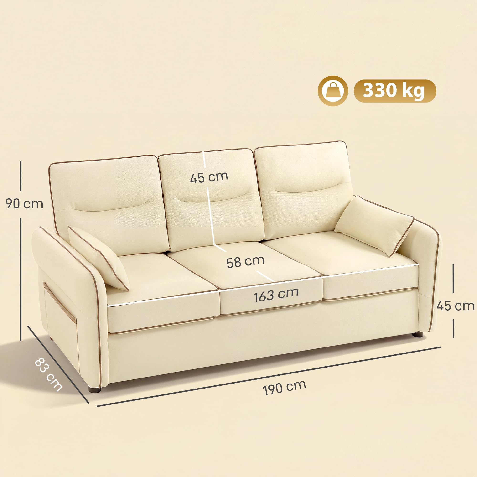HOMCOM Sofá de 3 Plazas Tapizado en Cuero Sintético 190x83x90 cm Beige | Sofá de Salón Moderno, Acolchado Grueso, Asiento Ancho, Reposabrazos y Bolsillo Lateral, Montaje Rápido, 2 Almohadas