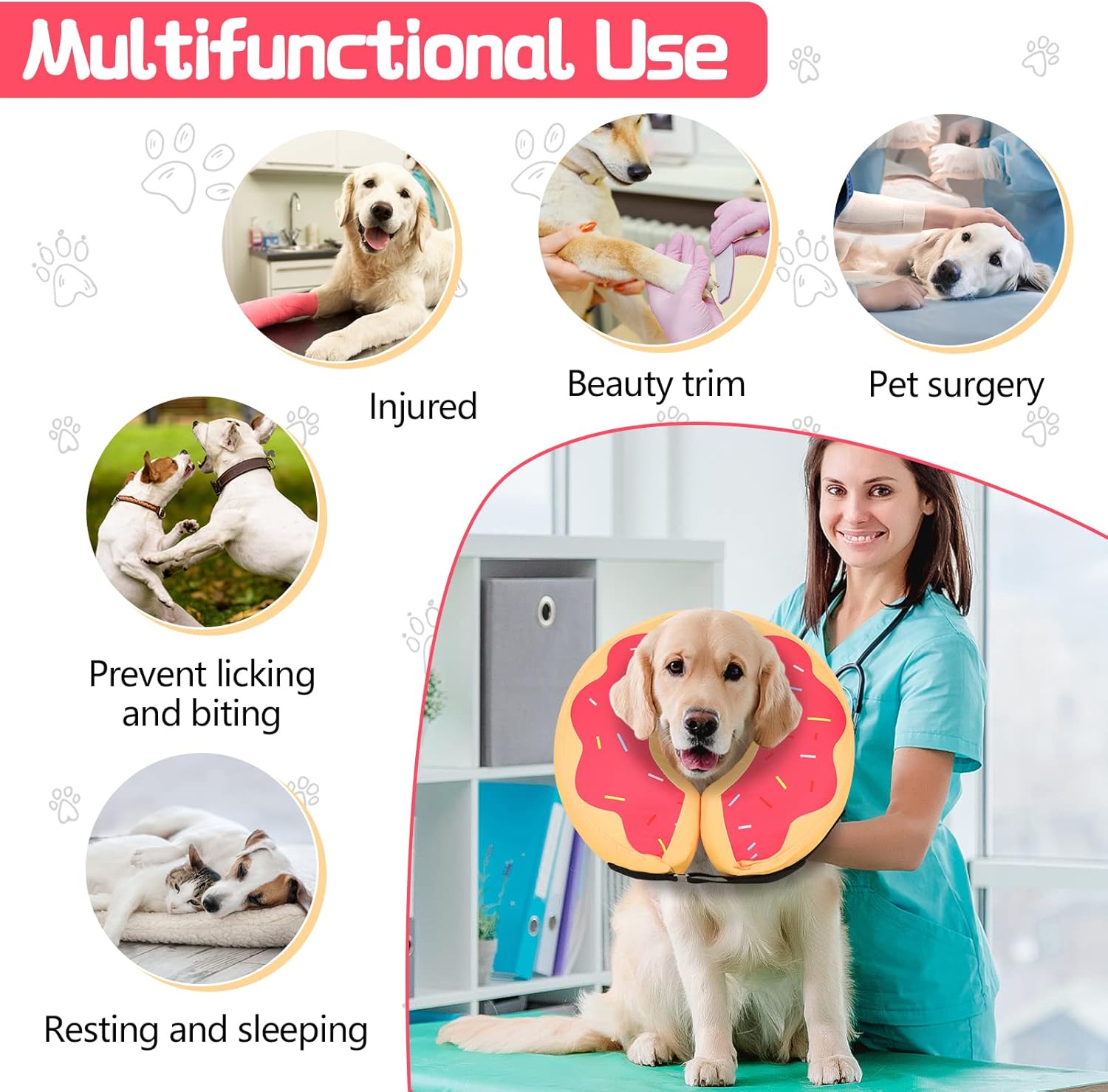 MIDOG Soft Inflatable Dog Cone, Donut E-Collar Alternative for After Surgery, Prevents Licking, Allowing Normal Eating & Vision, Comfortable Recovery Collar for Small Medium Large Dogs & Cats, Pink-XL