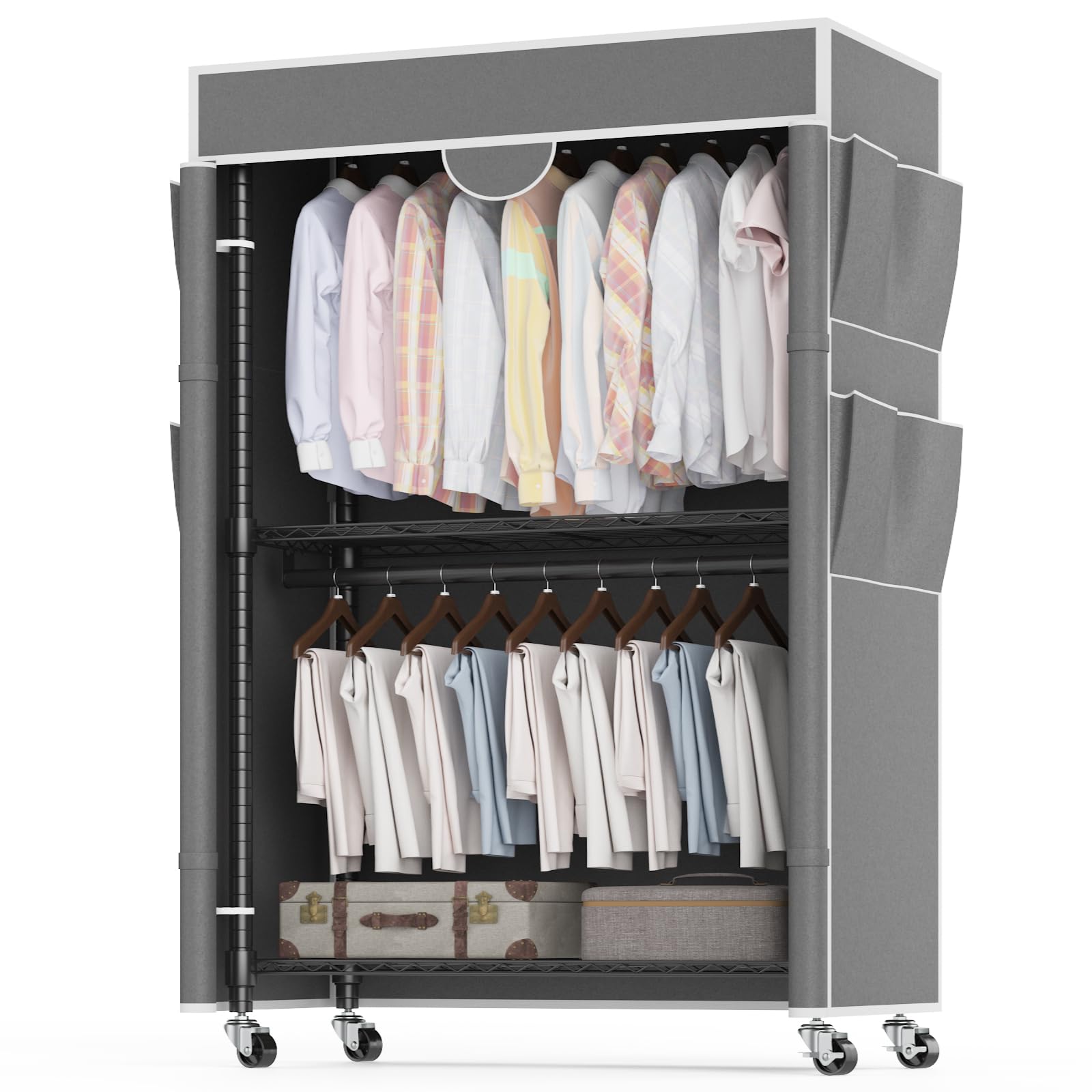 Homdox Garment Rack with Cover Heavy Duty Clothing Rack for Hanging Clothes Portable Closet Wardrobe Double Rods Garment
