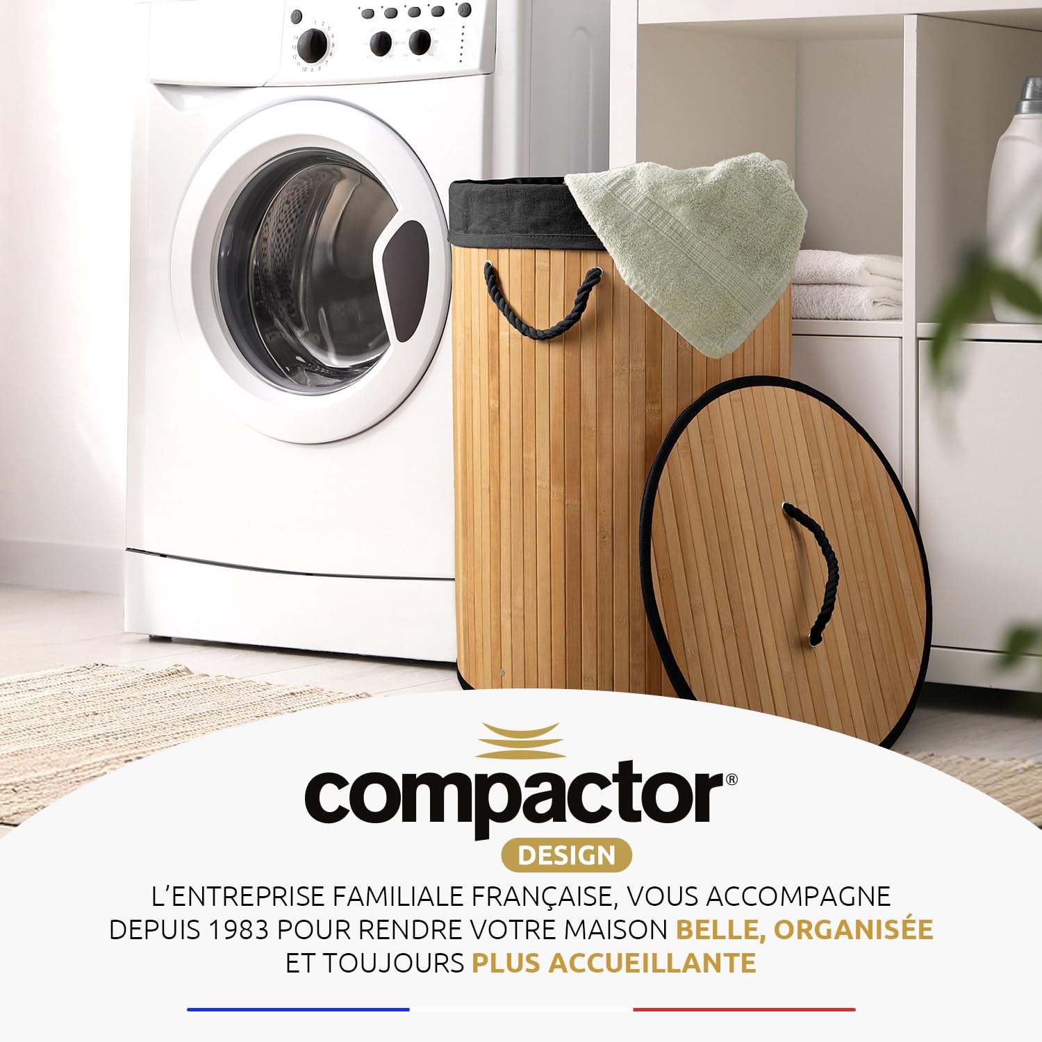 COMPACTOR - Panier à linge rond pliable en bambou avec couvercle - Tissu intérieur noir amovible - Poignées en corde - Format gain de place 40 x H60 cm - Style naturel et sobre