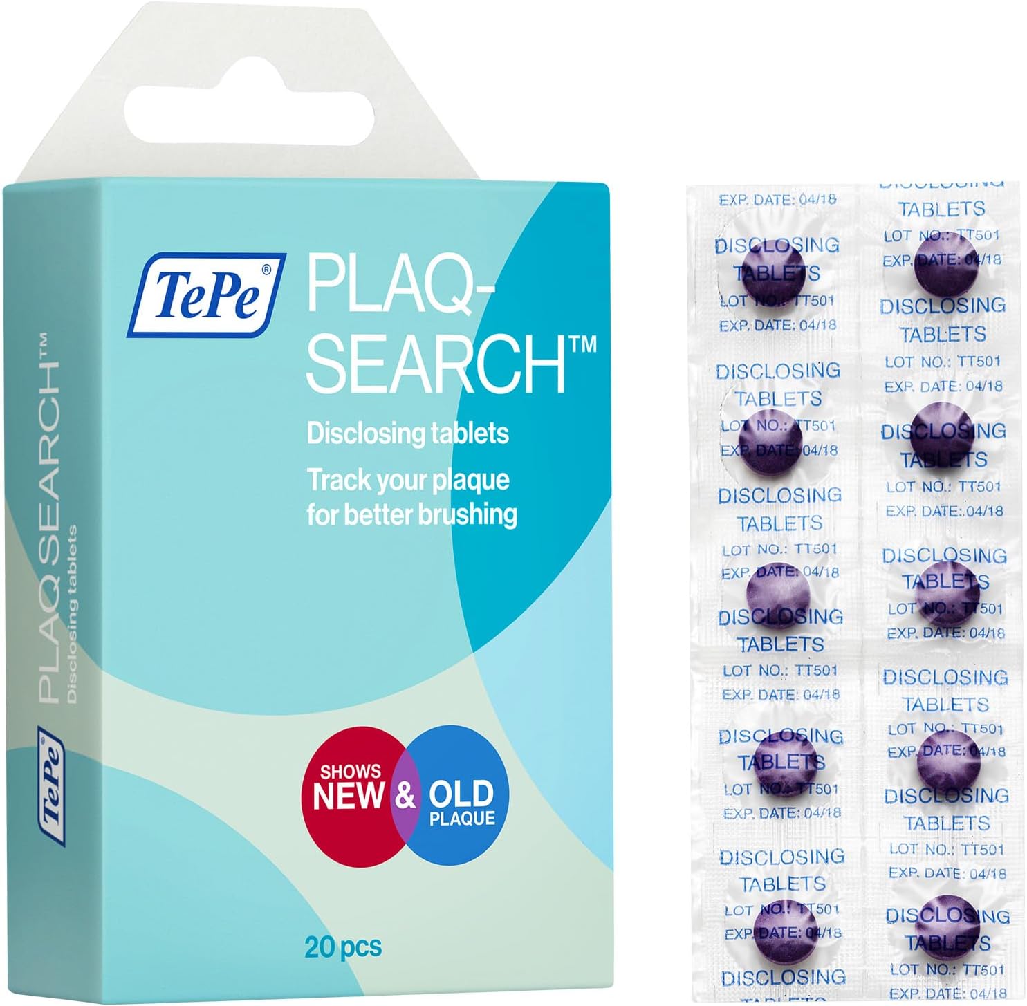 TePe PlaqSearch, 20 Tablets, disclosing Product for Simple self-Check Identification of Plaque, Two-Tone Colour Indicators