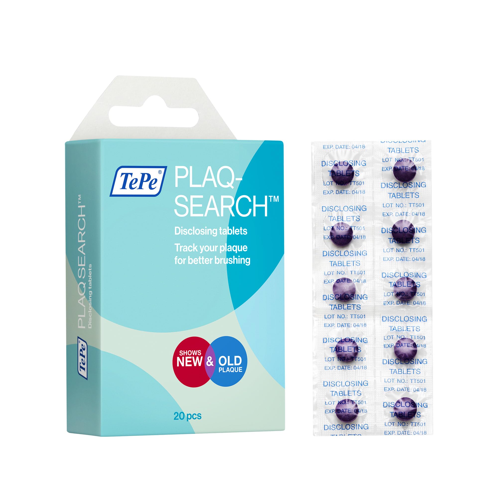 TePePlaqSearch, 20 Tablets, disclosing Product for Simple self-Check Identification of Plaque, Two-Tone Colour Indicators