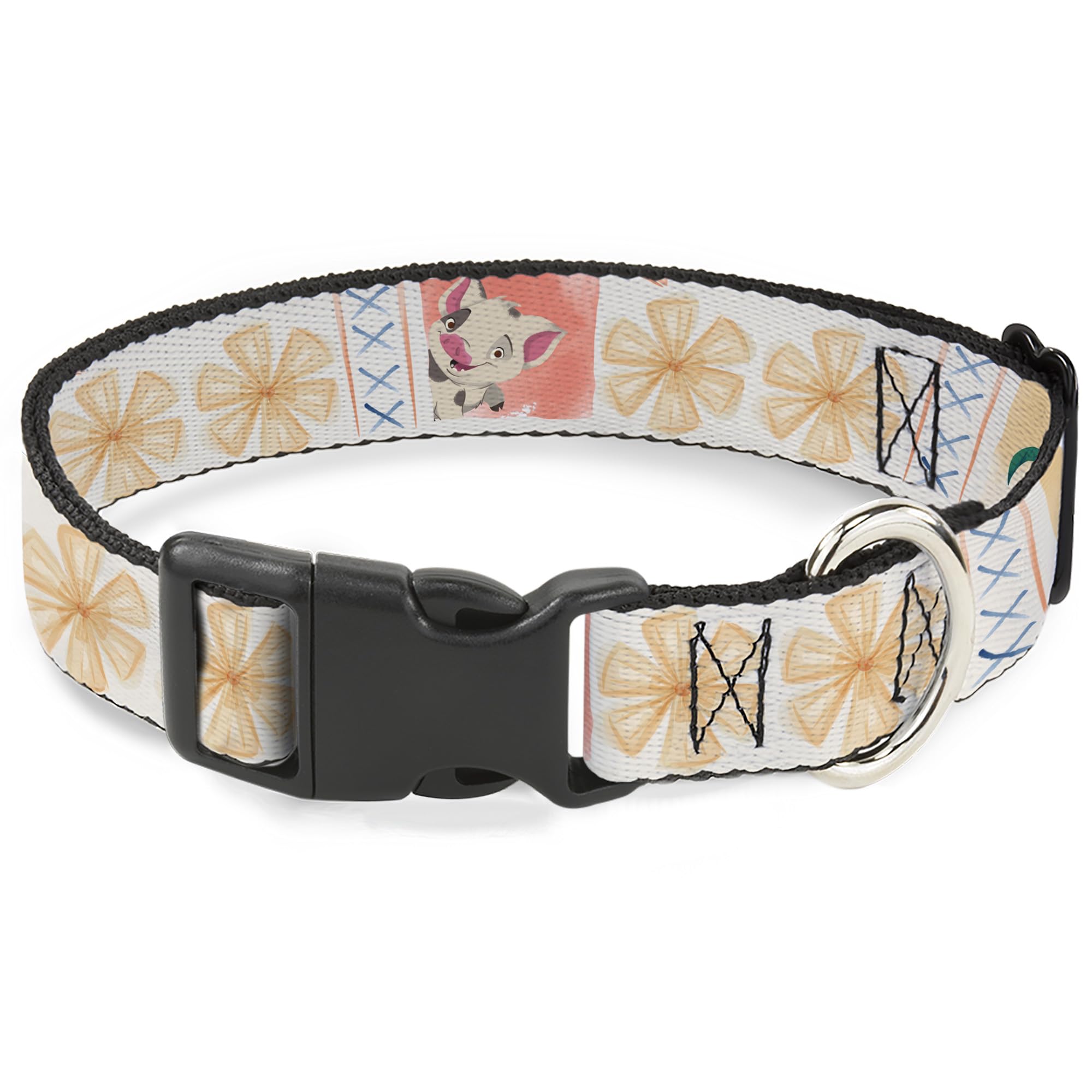Disney Pet Collar, Dog Collar Plastic Buckle, Moana Pua and HEI HEI Pose Blocks White Multi Color, 16 to 23 Inches 1.5 Inch Wide