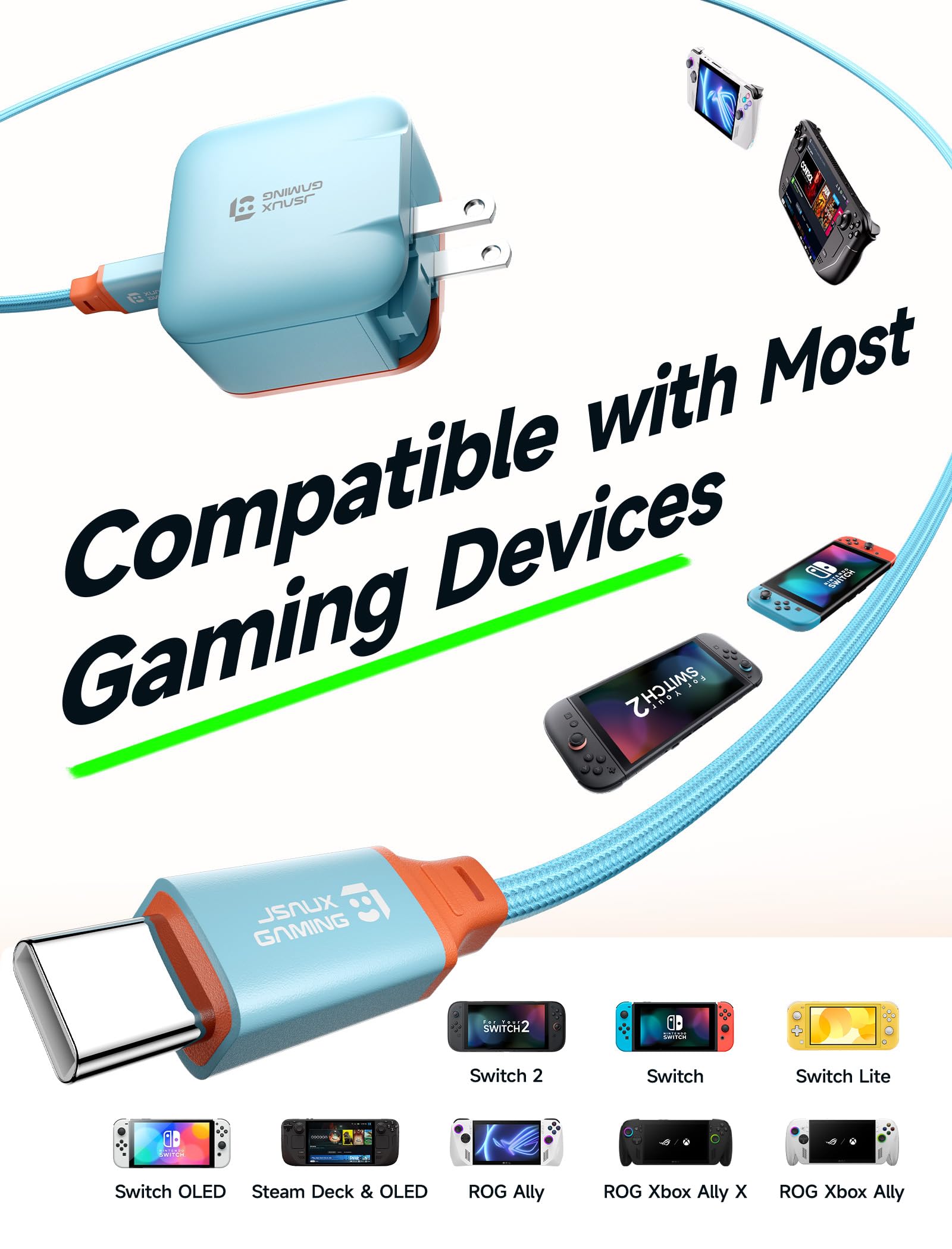 JSAUX Caricatore USB C GaN 65W Per Switch 2 – Alimentazione Modalità TV Con Spina EU/UK E Cavo Da 2 M, Per Steam Deck, ROG Ally E Laptop