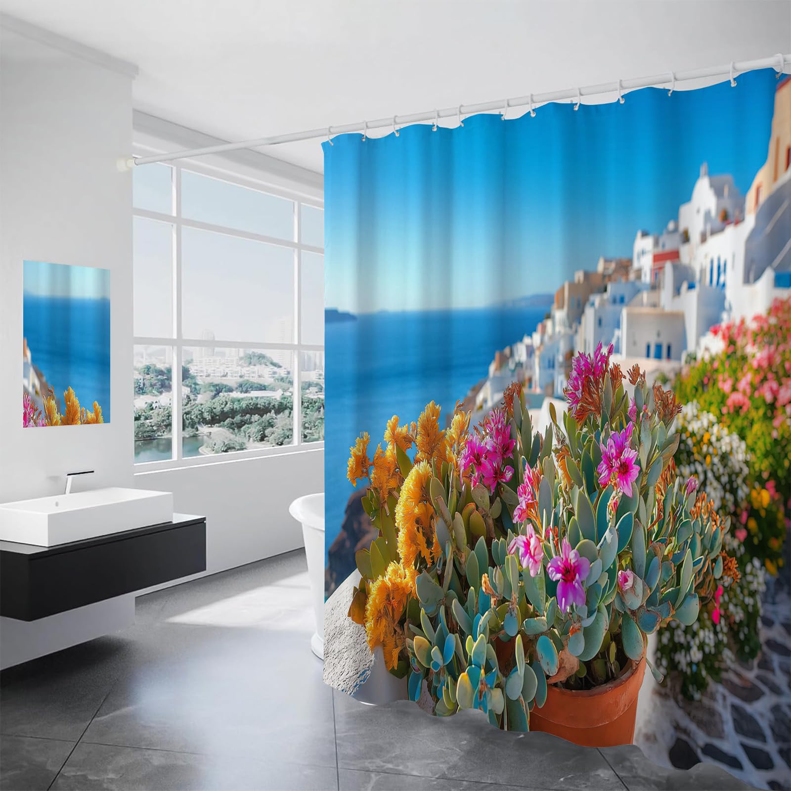 Weißes Gebäude Duschvorhang Anti-Schimmel,Wasserdichter Duschvorhang,Blumen Meer Badewanne Vorhang Schnell Trocknend für Badezimmer,H200 x B180 cm (1er Pack)