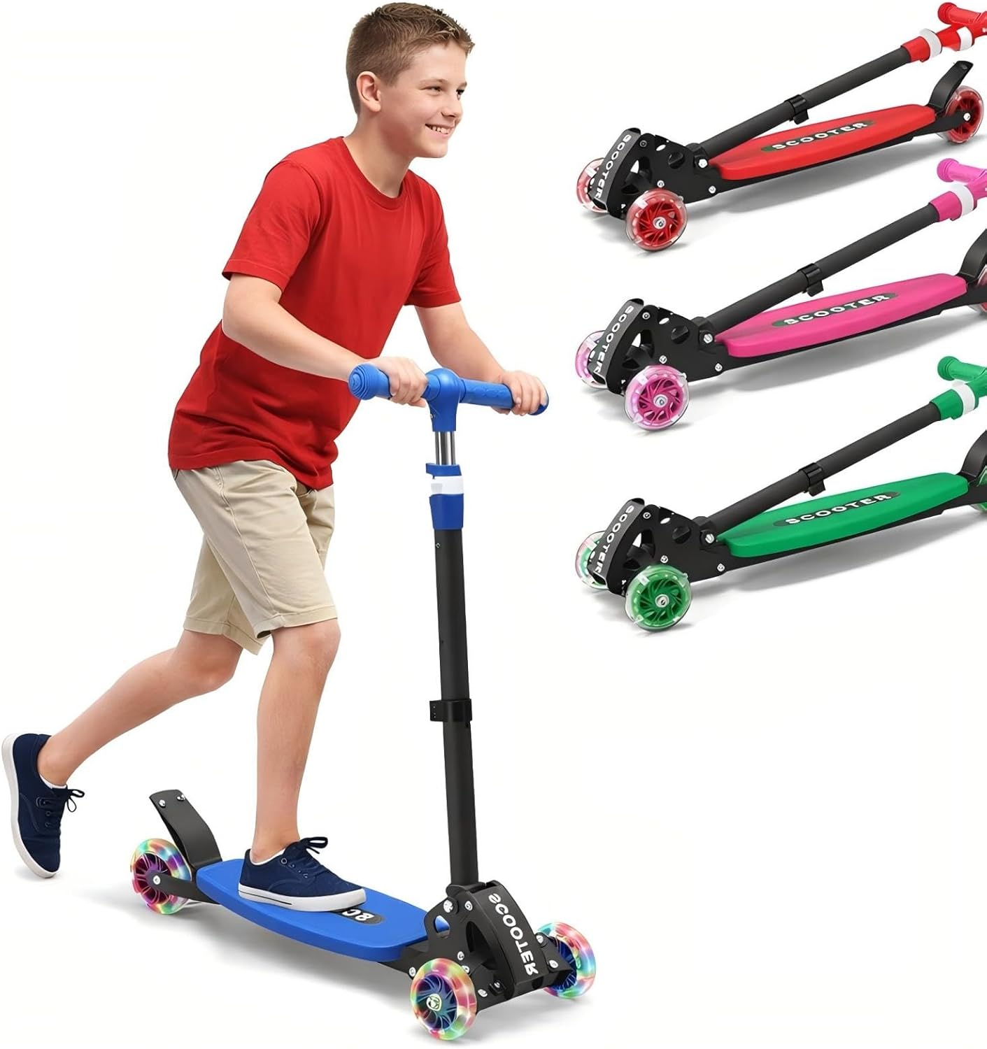 Wefaith 3-Wheel Kids Kick Scooter Ages 3-12: Lean-to-Steer, Light-Up Wheels, Adjustable Handlebar, Foldable, Safe for Beginners