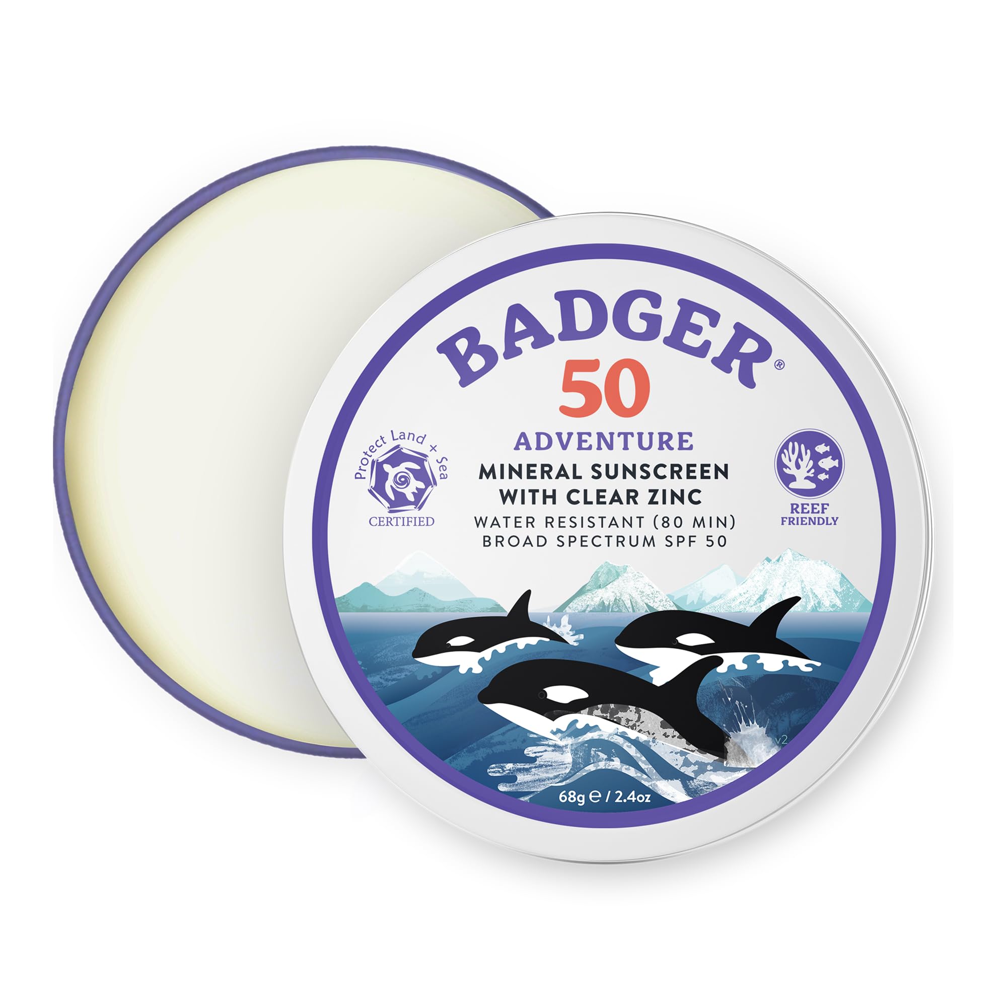 Badger Reef Safe Mineral Sunscreen, SPF 50, 98% Organic with Zinc Oxide, Non Toxic, Water Resistant, Unscented & Hypoallergenic, Broad - Spectrum, For Adventure, Travel & Sport, 2.4 oz Tin 2.4 Ounce (Pack of 1) Tin