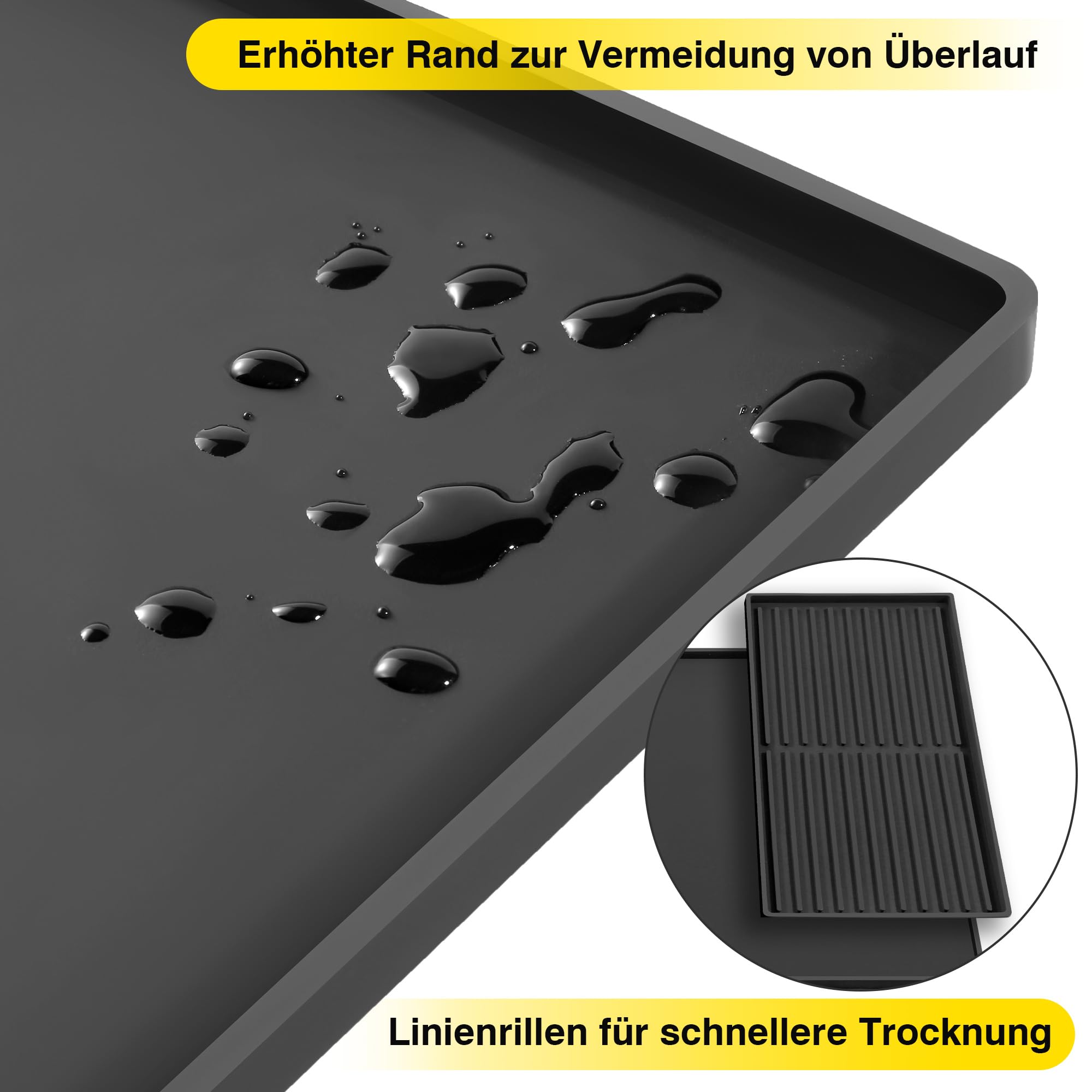 Abtropfmatte Geschirr, 40.5x61cm Unterlage Kaffeemaschine Matte Silikonmatte mit 19x40cm Abtropfmatte Spüle Trockenmatte Hitzebeständiges Rutschfeste, 2 en 1 Silikon Matte Unter Kaffe (Schwarz)