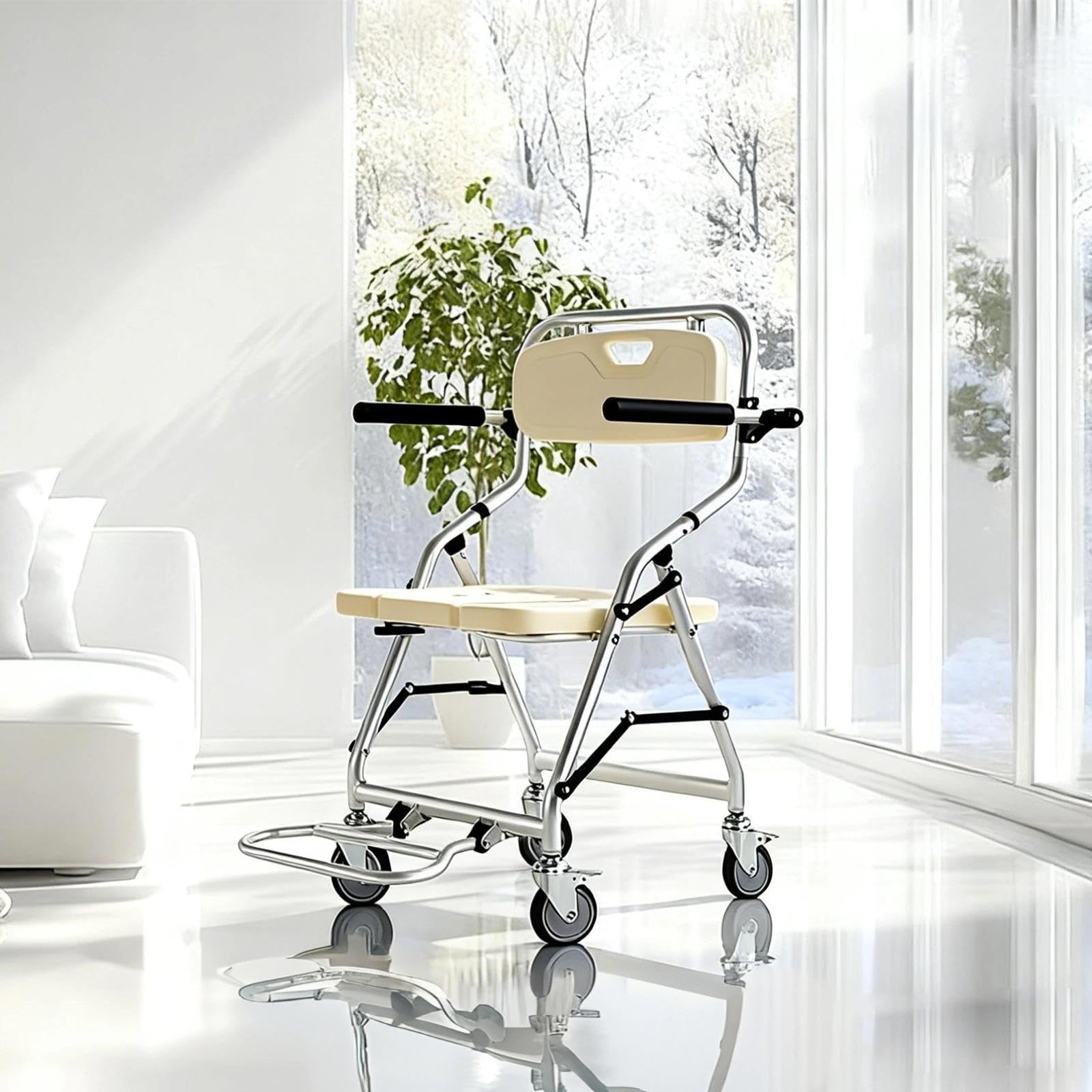 Silla Ducha WC con Ruedas para Personas Mayores, 3 en 1 Taburete de Ducha Plegable con Pies Abatibles, Silla Baño Ancianos Ducha con ReposabrazosCarga, Máxima 120kg