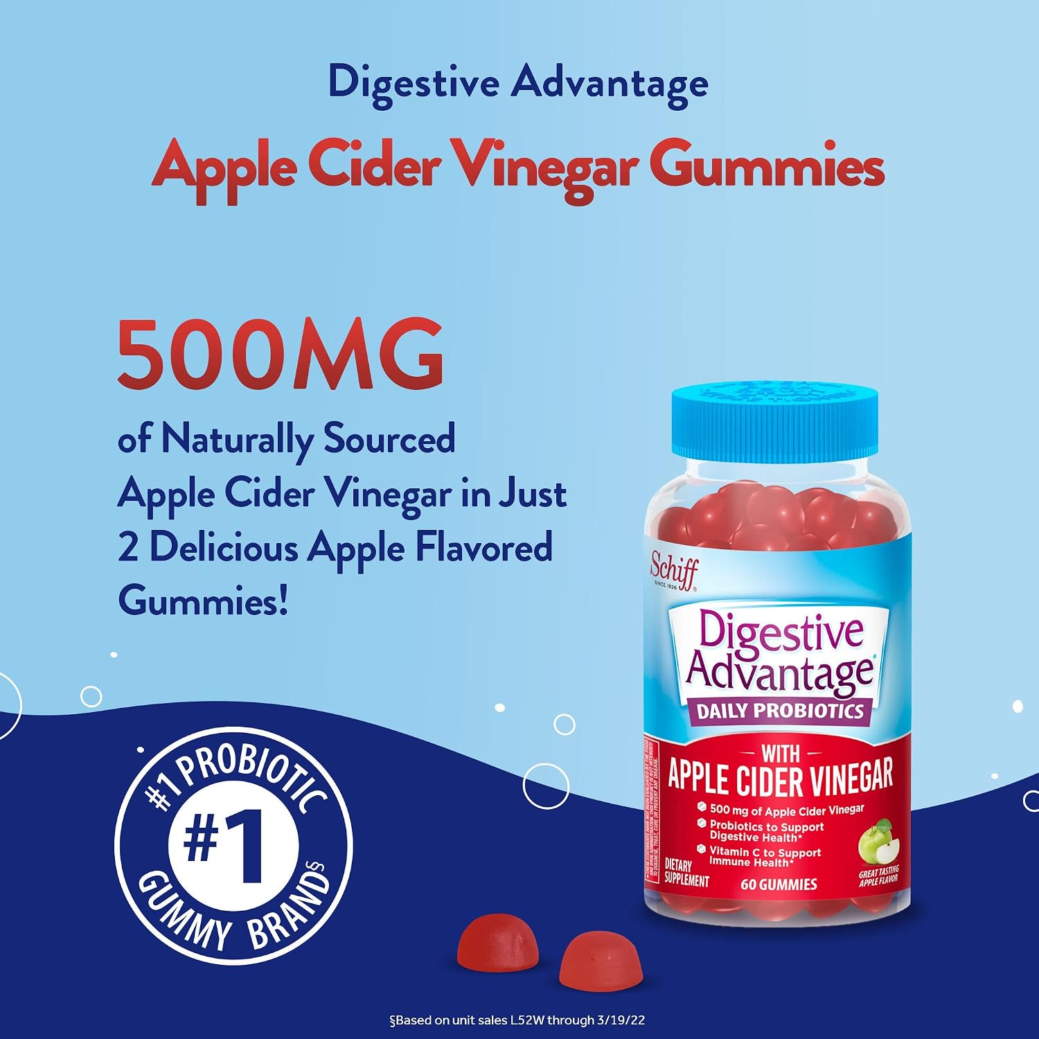 Digestive Advantage Probiotic Gummies with Apple Cider Vinegar for Digestive Health, Daily Probiotics with ACV for Women & Men, Supports Digestive & Immune Health, 60ct Apple Flavor