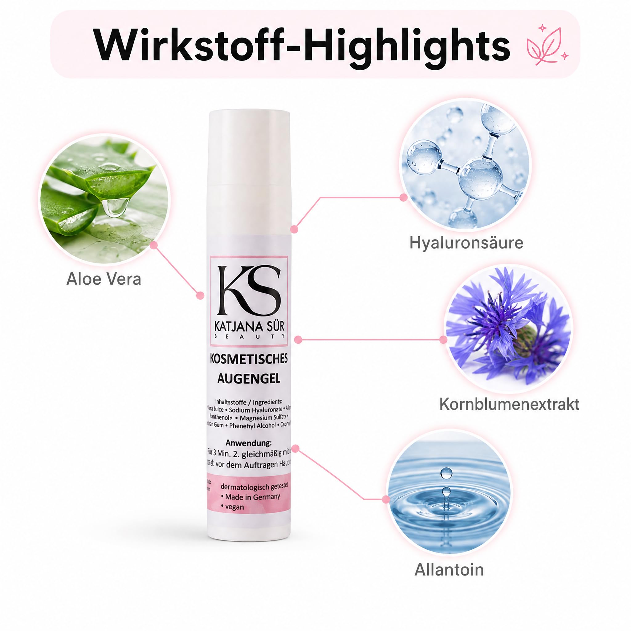 KS Beauty Kosmetisches Augengel Natur – Augengel mit Aloe Vera, Hyaluronsäure, Kornblumenextrakt & Allantoin (50 ml) | Leichtes Gel für die empfindliche Augenpartie – feuchtigkeitsspendend, vegan, dermatologisch getestet, Made in Germany