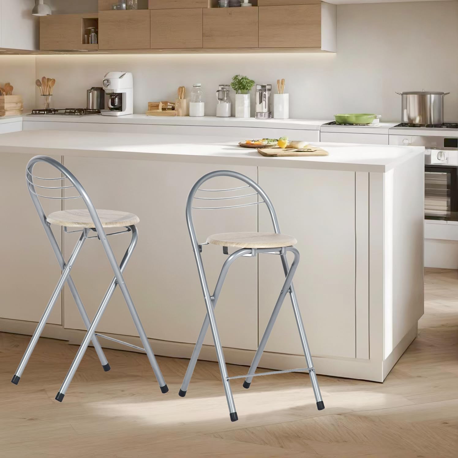 Tabourets Bar Pliants Lot de 2,sans Assemblage,Tabourets de Bar d'Extérieur Portables pour Cuisines,Bistrots,Evènements Extérieurs, Hauteur Assise 61cm(Grain de Chêne et Argent)
