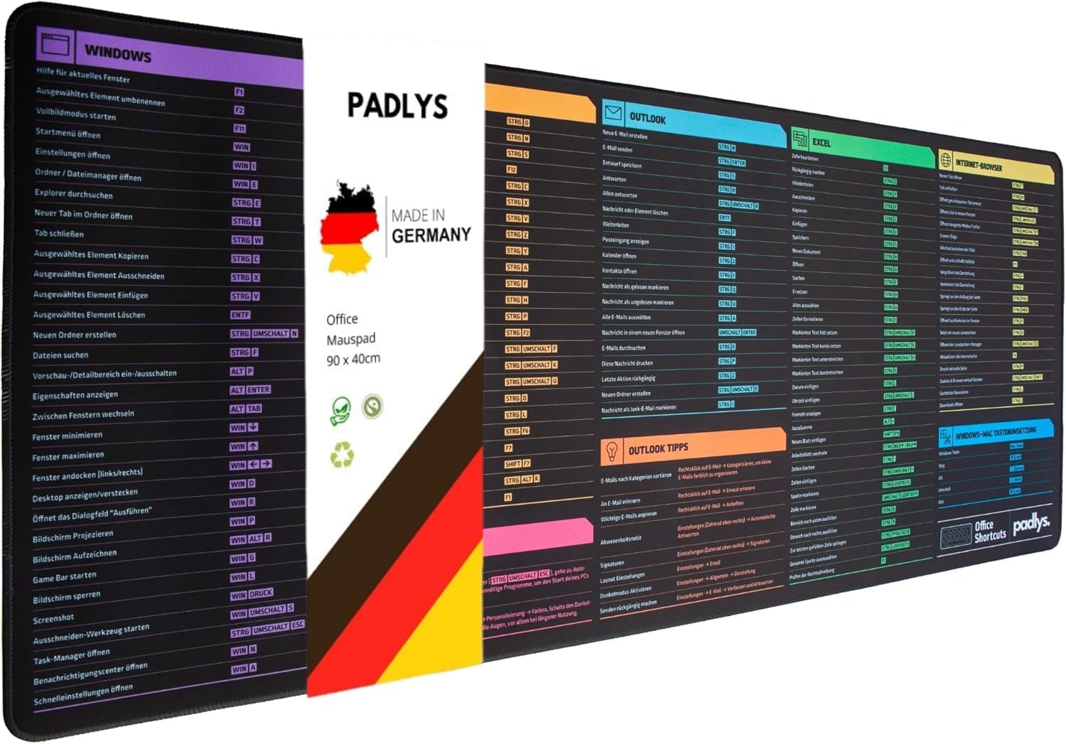 Padlys – Office Schreibtischunterlage mit Excel, Word & Windows Tastenkombinationen, Excel Mauspad Deutsch mit Mac Übersetzung - für Büro und Homeoffice, Excel Matte Deutsch mit Windows Befehle, 80x30