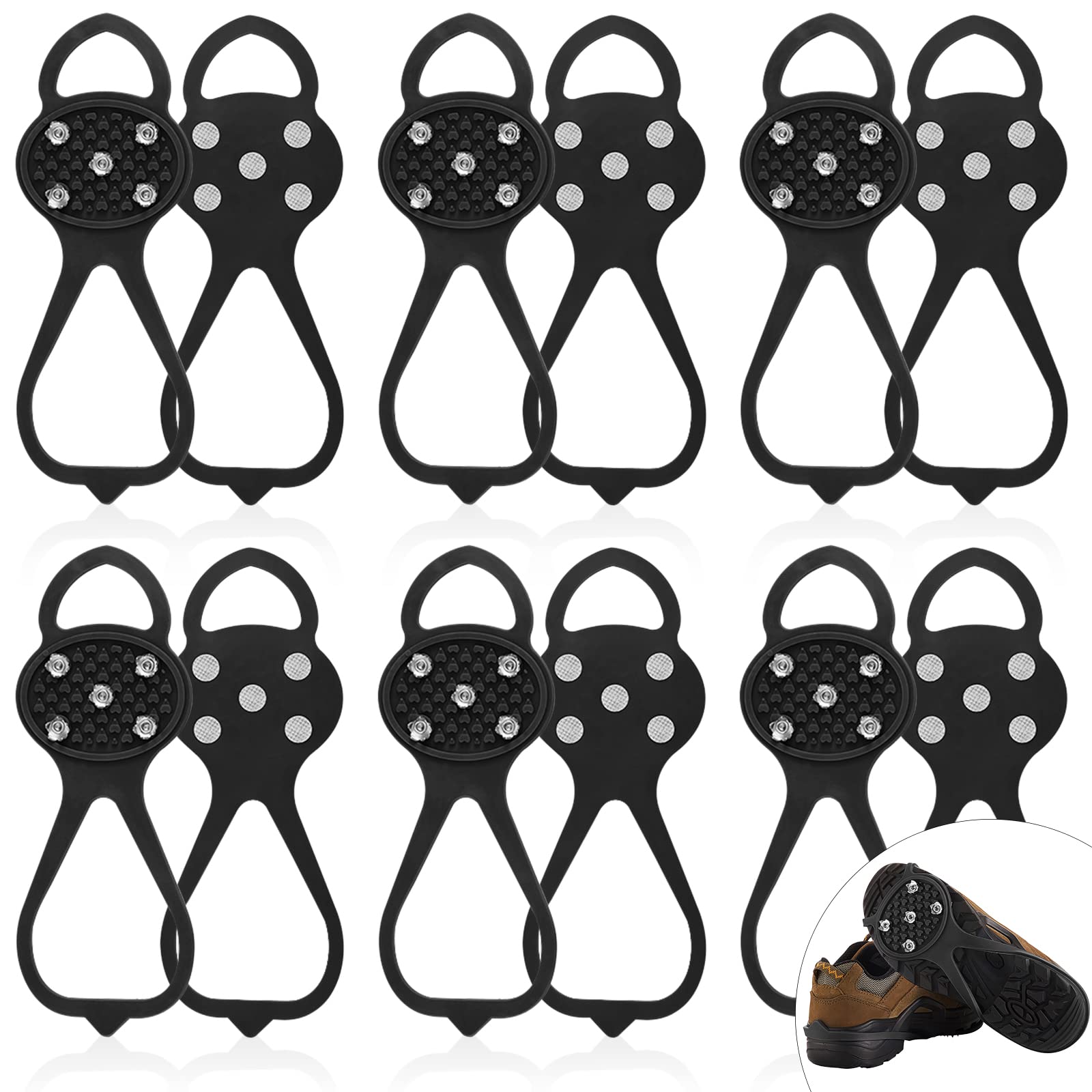 Syhood Lot de 6 paires de crampons à glace antidérapants avec 5 crampons de traction universels pour la neige, la randonnée, la pêche