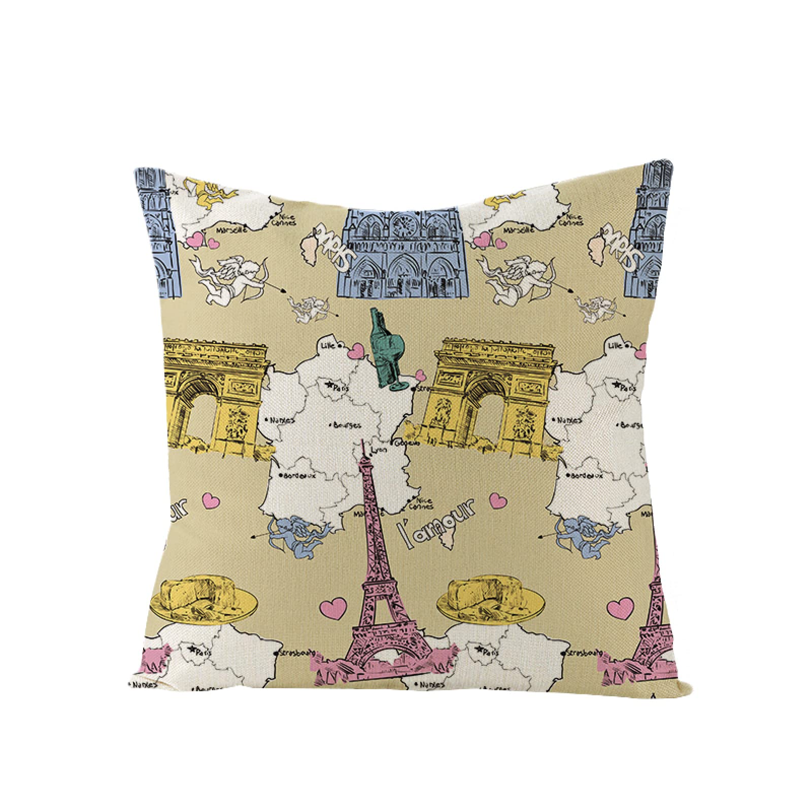 Sofa Fundas Cojines 60x60 Pack de 4 Cuadrado,Funda de Almohada Lino con Cremallera Invisible,Funda de Cojín Decoración para Hogar Sala Cama Jardín Silla Coche-Torre Eiffel