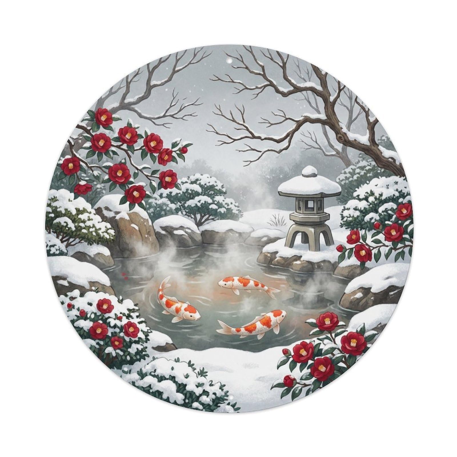 Galvaxio Style Japanese Koi Fish Camellia Winter Red Blooms Metal Tin Sign