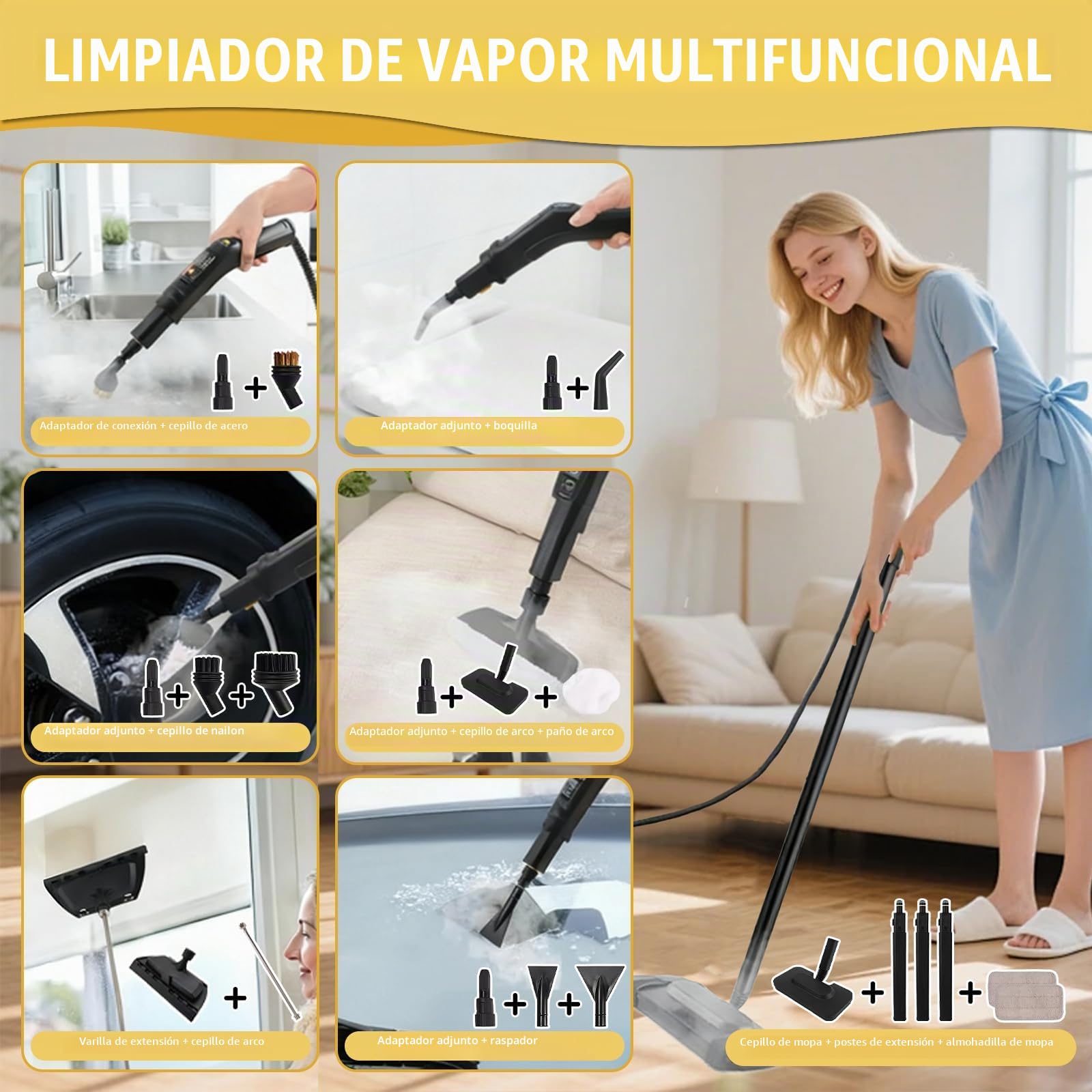 Limpiador a Vapor Portátil, 2500W Potente Limpiador a Vapor para el Hogar, 3 Velocidades Ajustables,17 Accesorios, Depósito de Agua de 1600 ml, Presión de 4 Bar, para Cocina, Ventanas, Pisos, Autos