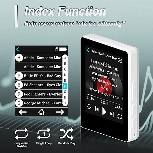 Miniatura 7 de Reproductor MP3 de 32 GB con Bluetooth 5.2 y búsqueda inteligente de índices, reproductor de música Bluetooth portátil con altavoz HD integrado