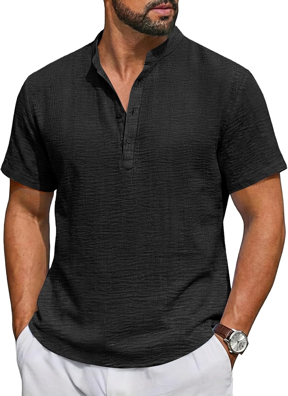 Runcati Mens Casual Henley Shirt Short Sleeve Band Collar Textured Shirts Summer Beach Hippie T-Shirts
