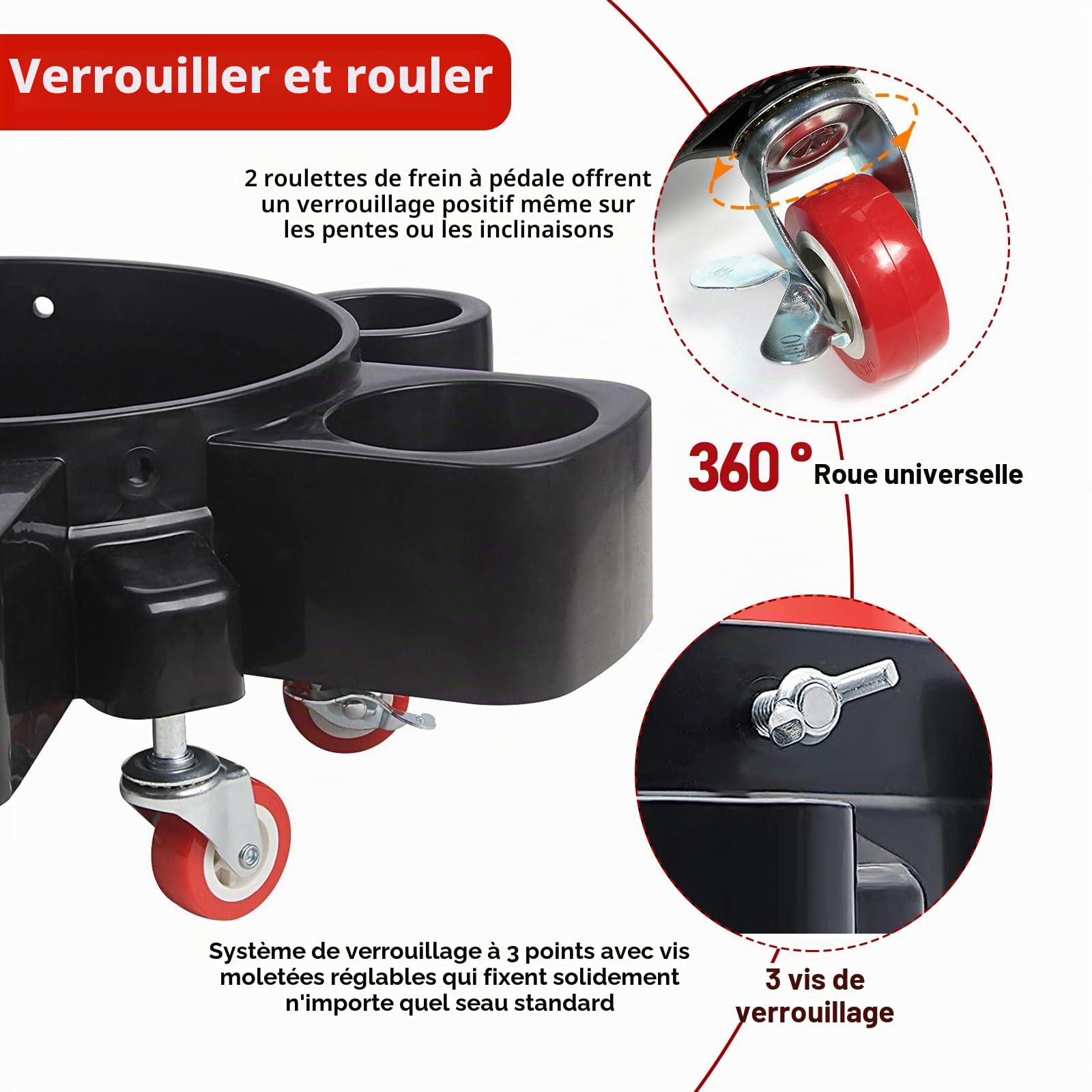 Ensemble seau de lavage de voiture avec porte-bouteille, filtre à sédiments et gant de lavage, 5 roulettes pivotantes, 2 avec freins, seau à roulettes facile à pousser pour nettoyage de voiture et