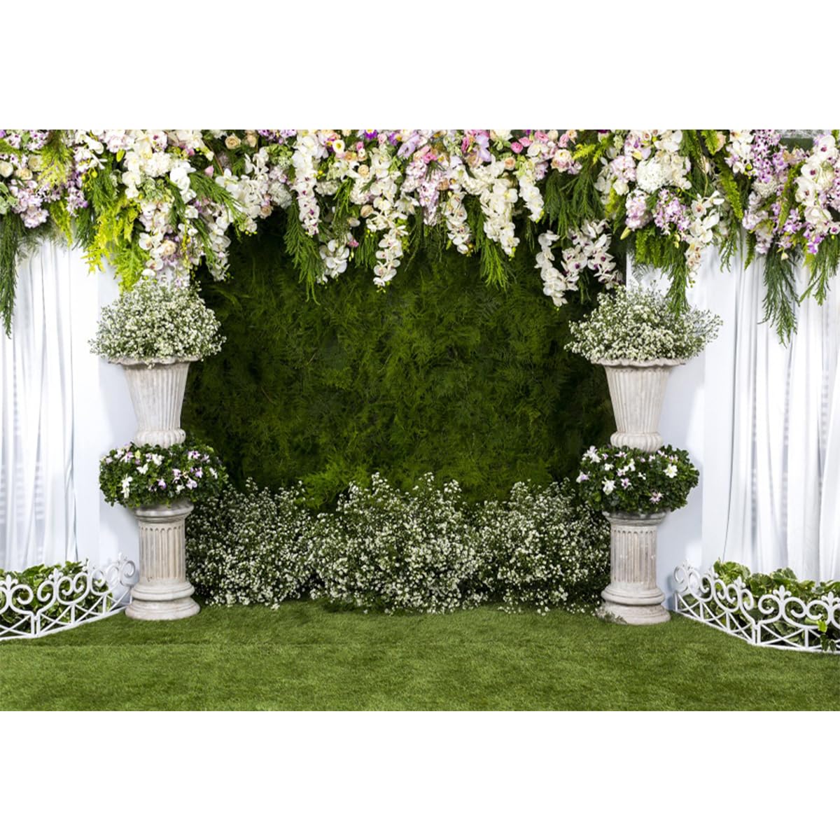 YongFoto Wedding Backdrop 7x5ft Floral Grass Wall White Sheer Curtain Flower Arch Photography Background Mr Mrs Marriage Proposal Engagement Bridal