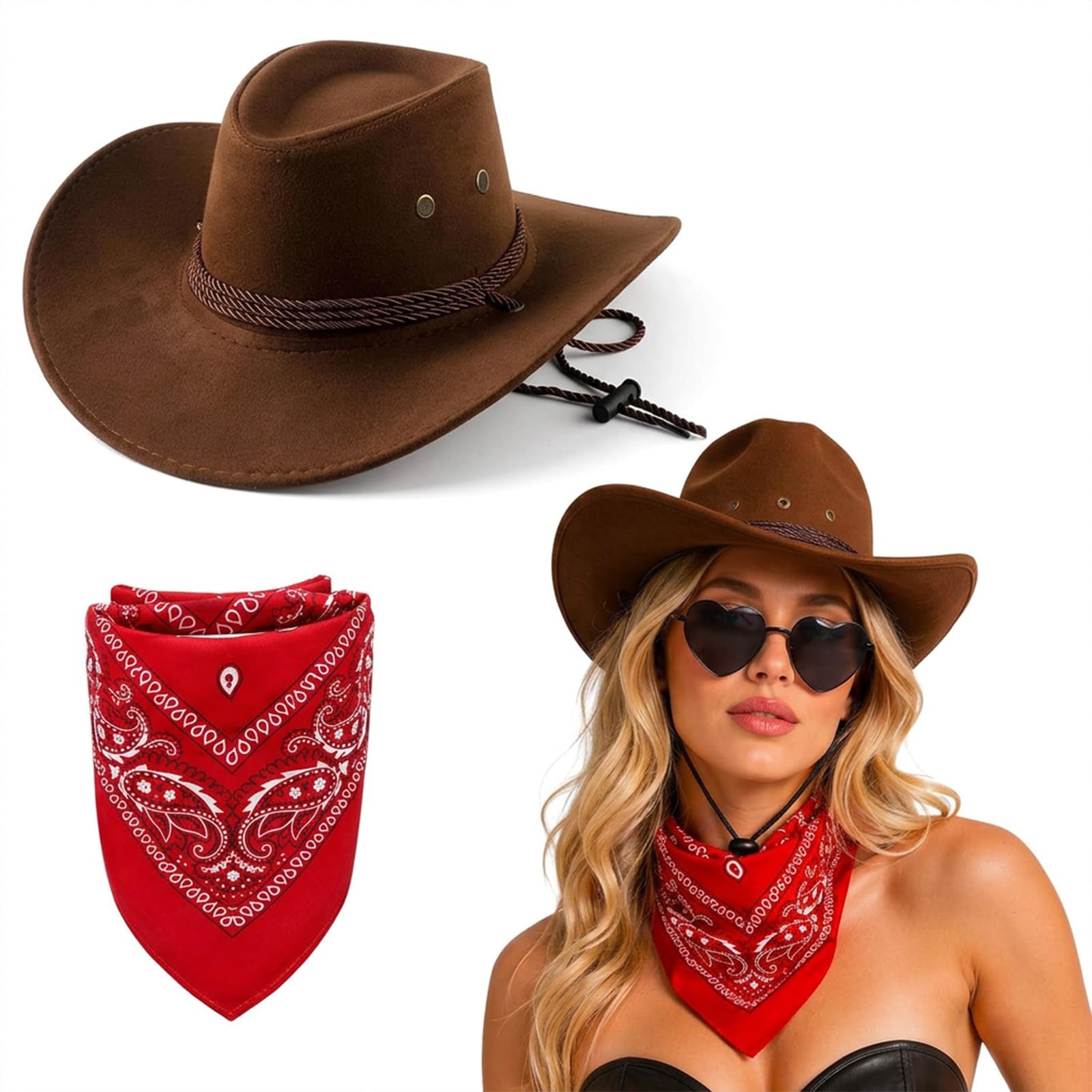 Dfiupdn Brown Cowboy Hat With Red Bandana, Western Costume Set for Adults