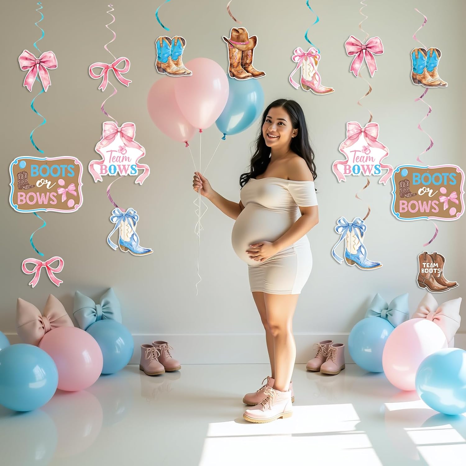 Boots or Bows Gender Reveal Decorations Boy or Girl Hanging Swirl Boots or Bows Theme Baby Shower Decoration for Western Gender Reveal Party