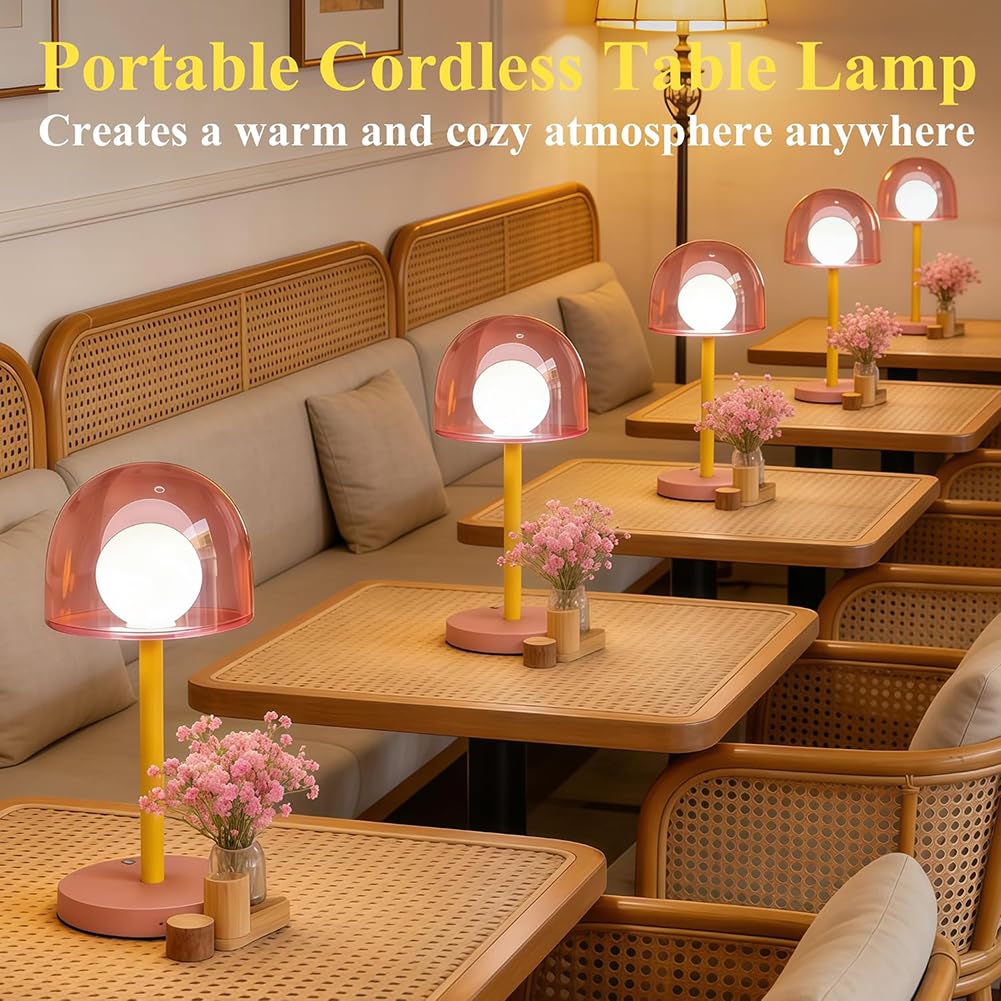 Lampada da Tavolo LED a Forma di Fungo Senza Fili Ricaricabile tramite USB Luce da Tavolo Rosa Batteria Ricaricabile Regolabile Lampada a Fungo a Batteria 3000K-6000K Metallo + Acrilico
