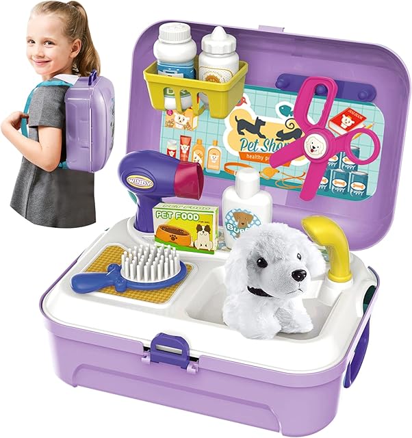 HERSITY Kids Vet Kit Dog Grooming Toy Pet Care Role Play Games Animal Dolls Pretend Play Pet Carrier Set Toys 3 4 5 Year Old Girls Boys Children Gifts