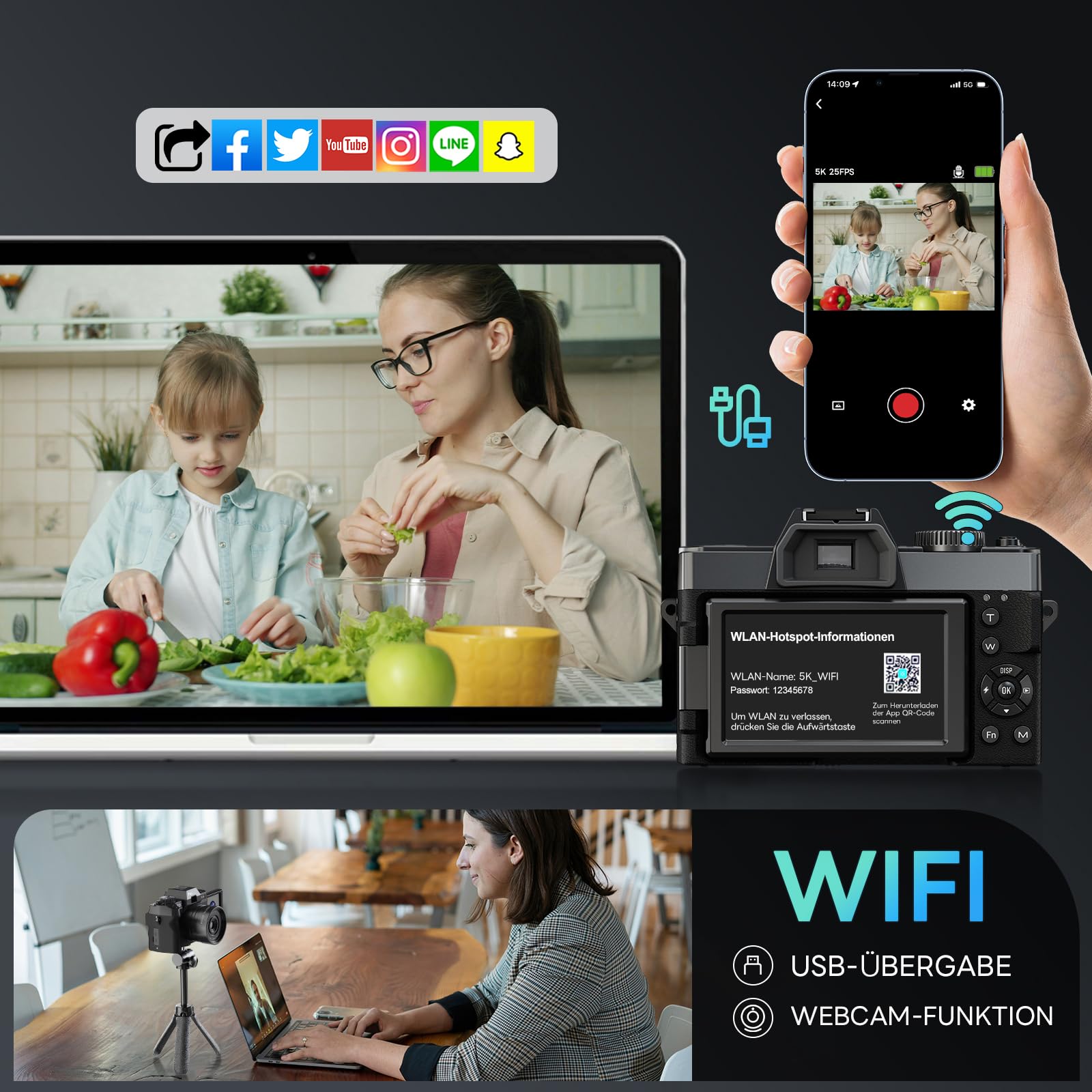 NBD 5K Digitalkamera 64MP, Autofokus, 16X Digitalzoom, Schwarz | 3 Zoll 180° Klappdisplay, WLAN, Weitwinkel/Makro, 2 Akkus, 64GB Karte, Vlogging, Reisen, Anfänger