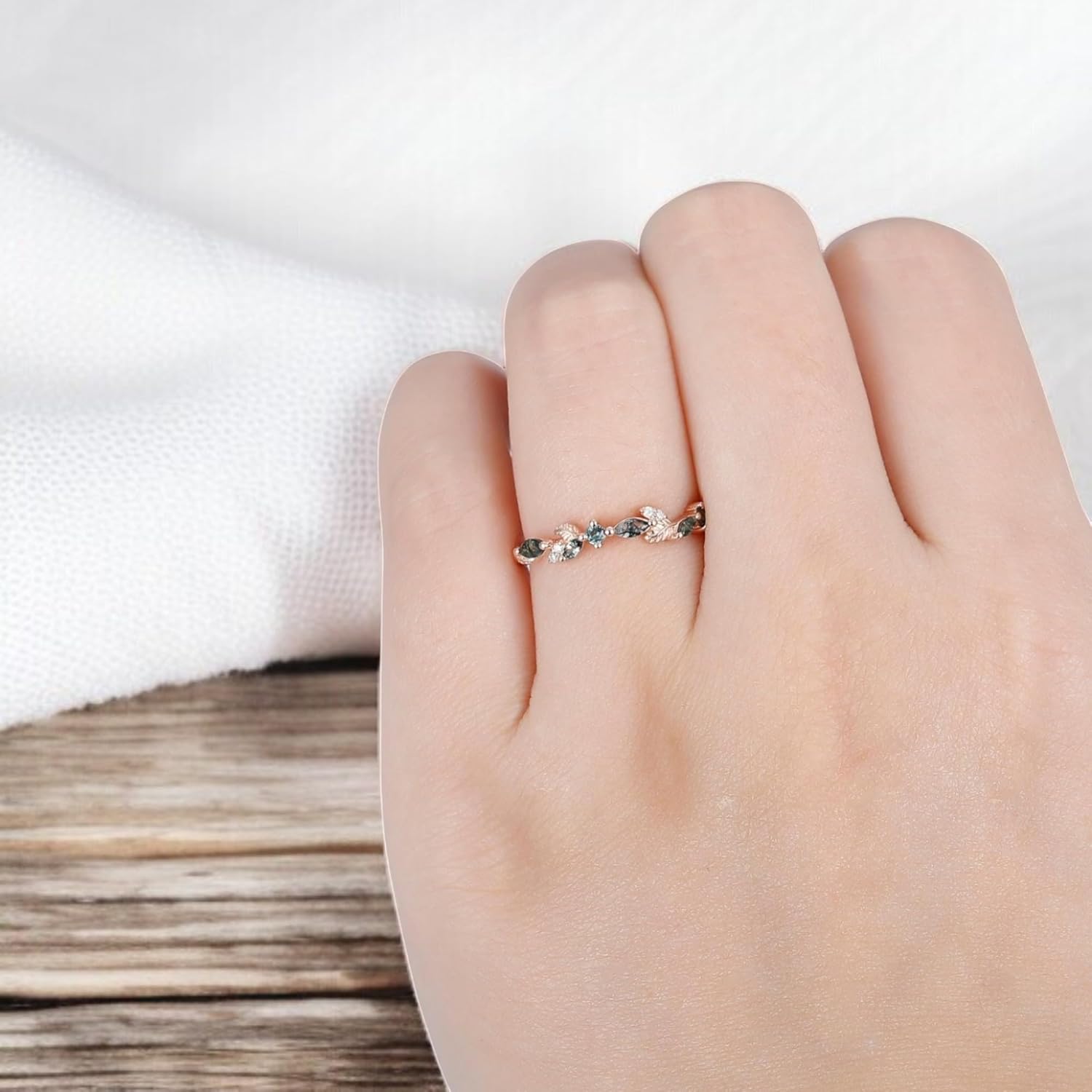 Moss Agate wedding Stacking Band 14K Rose Gold Plated Half Eternity Tiny Dainty Ring Natural Gemstone Ring Delicate Moss Agate Promise Ring For Her