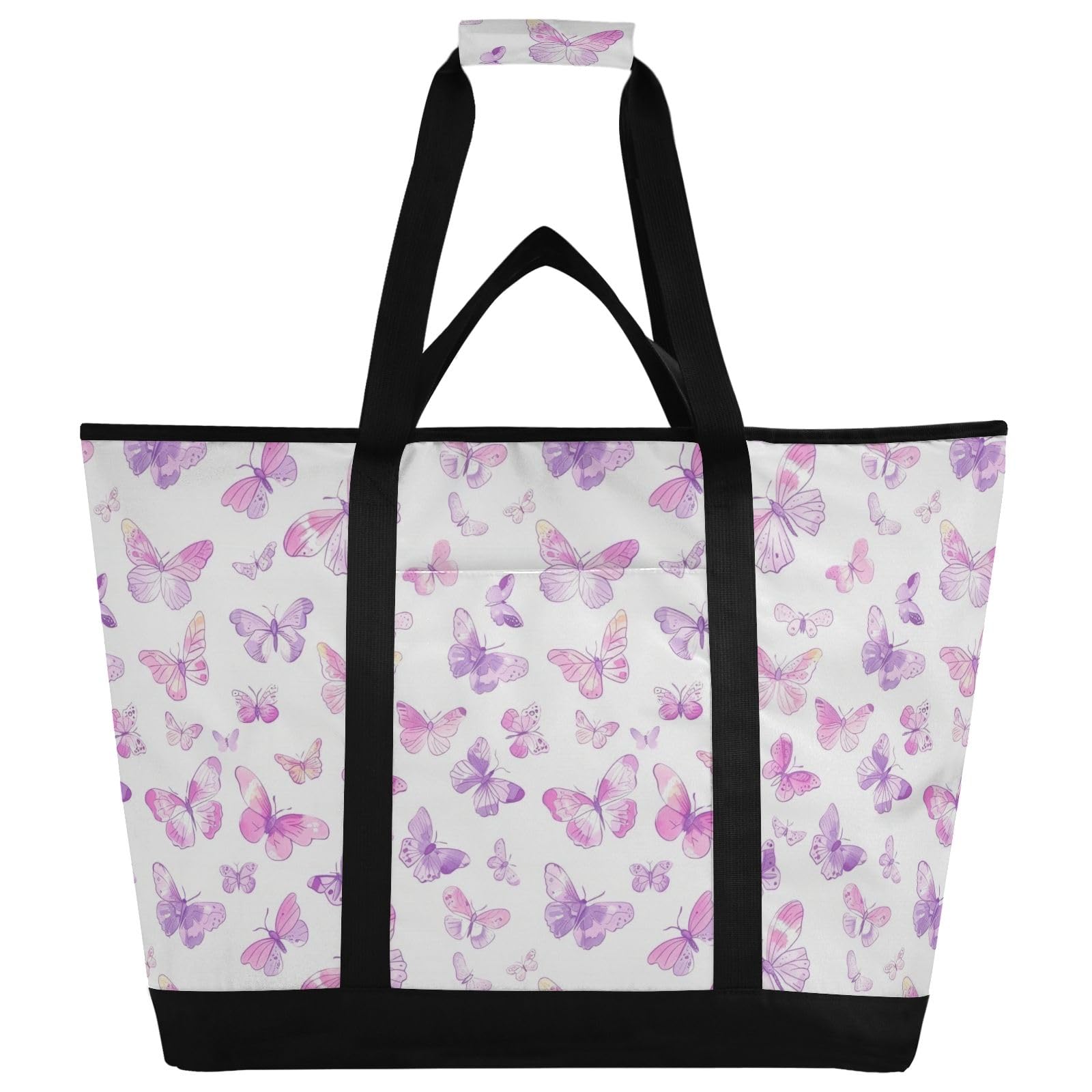Borsa termica isolata a tema farfalla, rosa, riutilizzabile, con cerniera, grande, per viaggi o campeggio