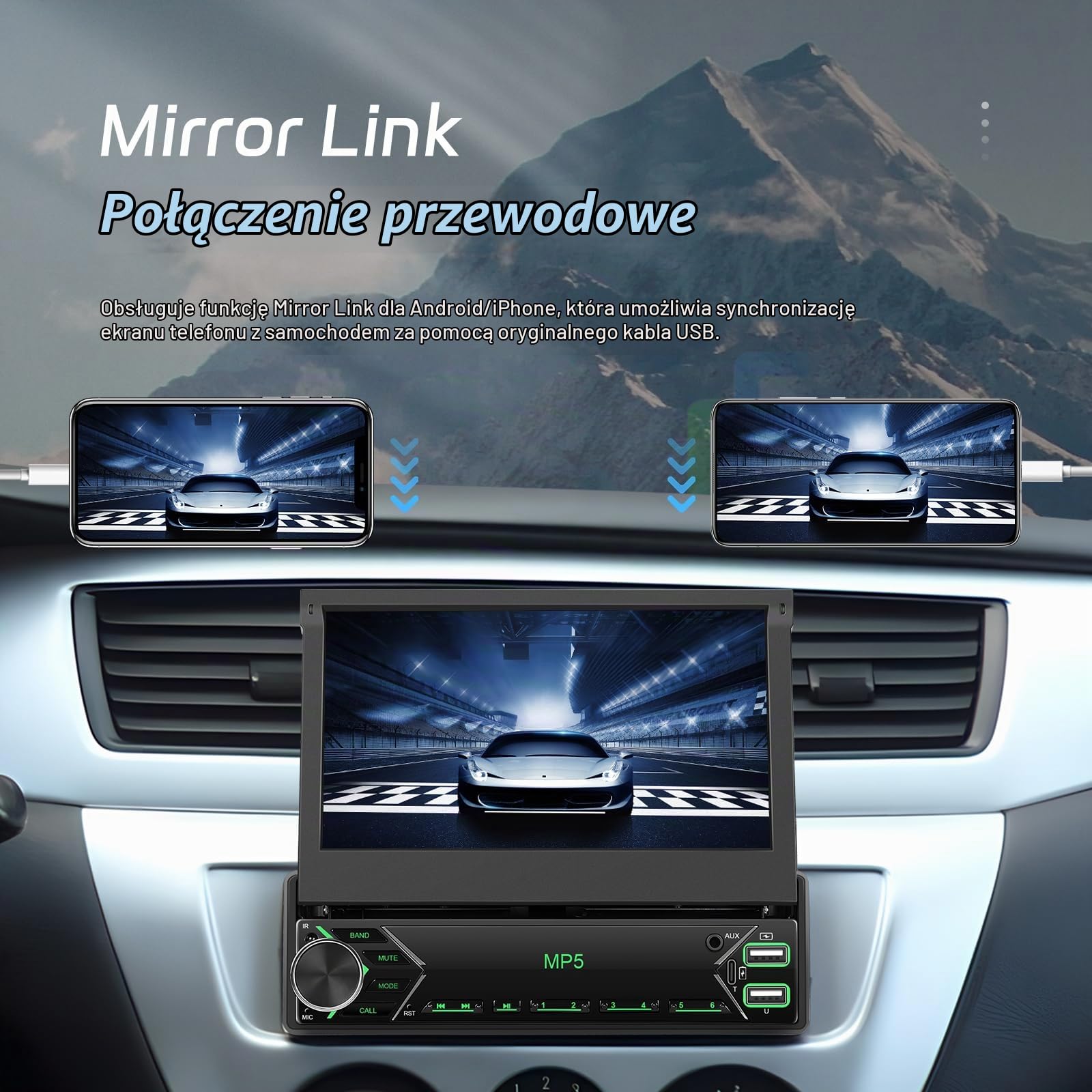 [Bezprzewodowe uaktualnienie] Odtwarzacz samochodowy CAMECHO 1 DIN z CarPlay i Android Auto, ekran 7-calowy teleskopowy, Bluetooth do rozmów bez rąk, ładowanie USB-C, wejścia USB/AUX/FM
