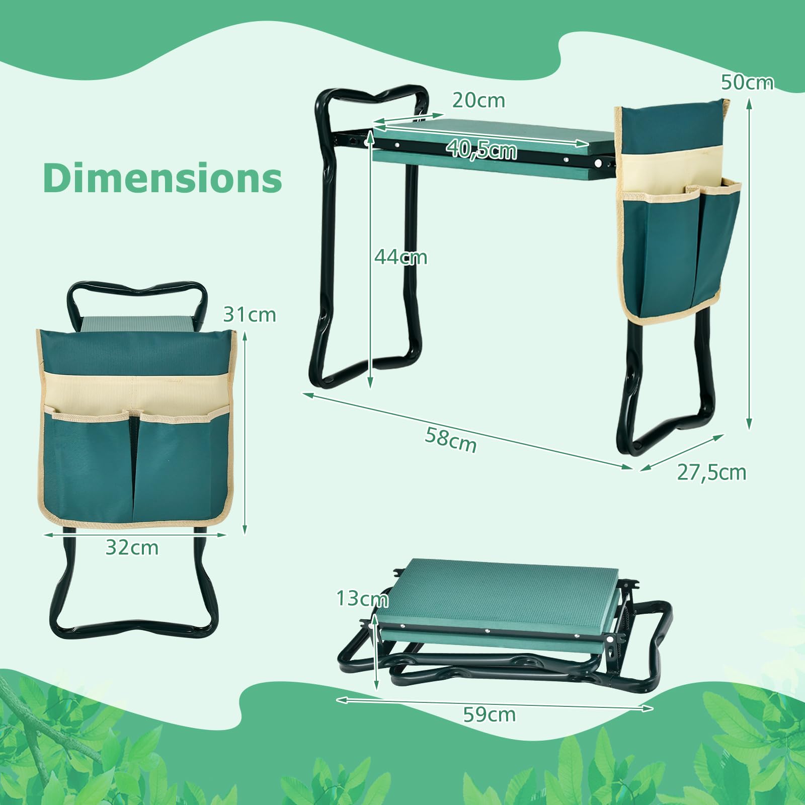 GOPLUS Banc de Jardin à Genoux et Assis, Siège de Jardin Portable avec Grande Poche à Outils et Coussin en Mousse EVA pour Les Genoux, Outil de Jardinage Pliable pour Les Jardiniers(2 Pochettes)