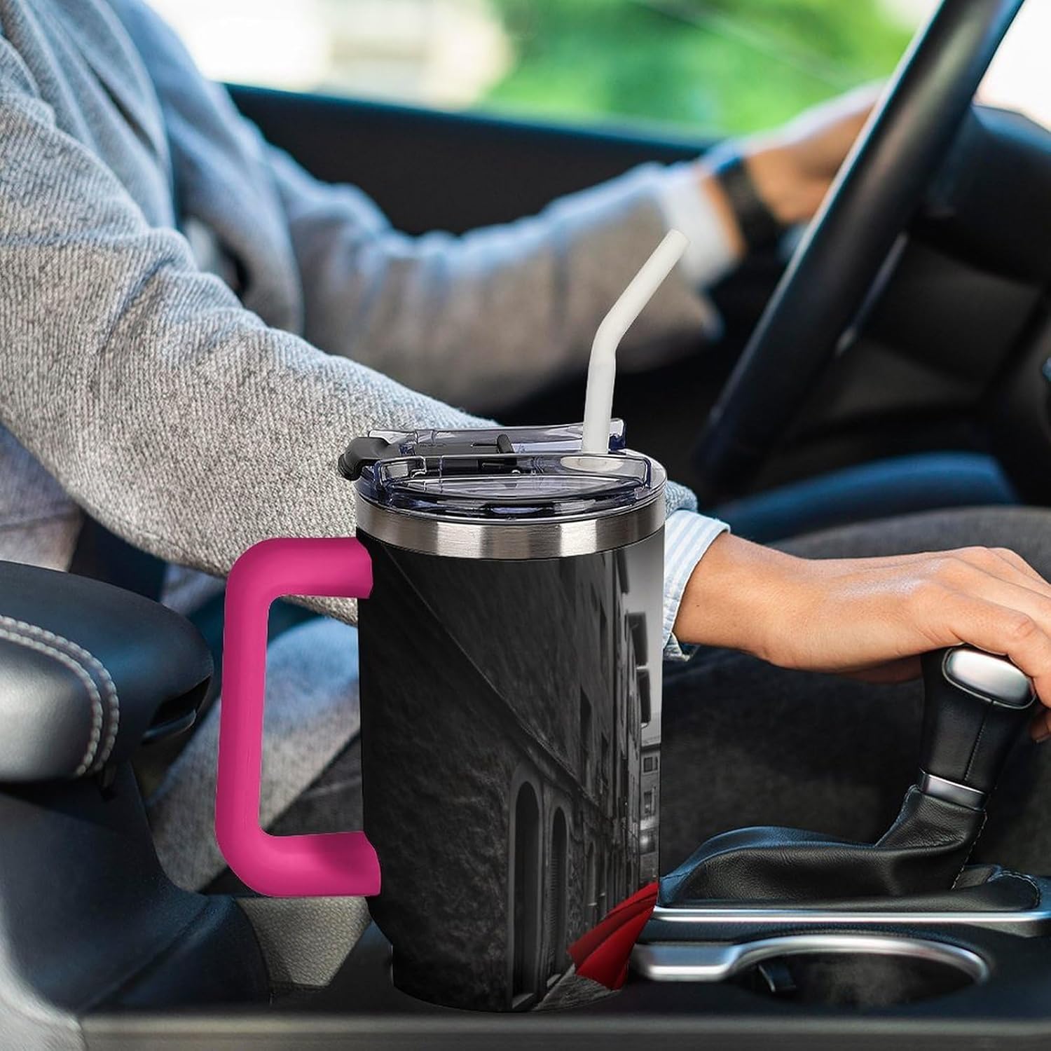 Red Umbrella on Dark Street Travel Coffee Mug Reusable Durable Stainless Steel Insulated Tumbler with Handle And Straw Leak Resistant Portable Thermal Cup Gifts for Men Women 40 Oz