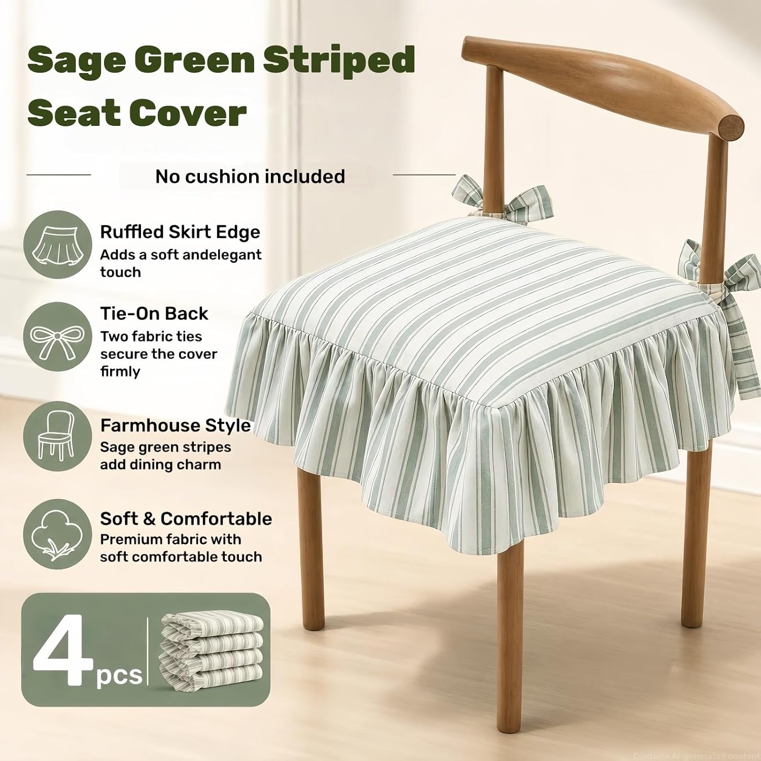 4 Pcs Sage Green Ruffled Chair Seat Cushion Covers 17.5"x17.5", Farmhouse