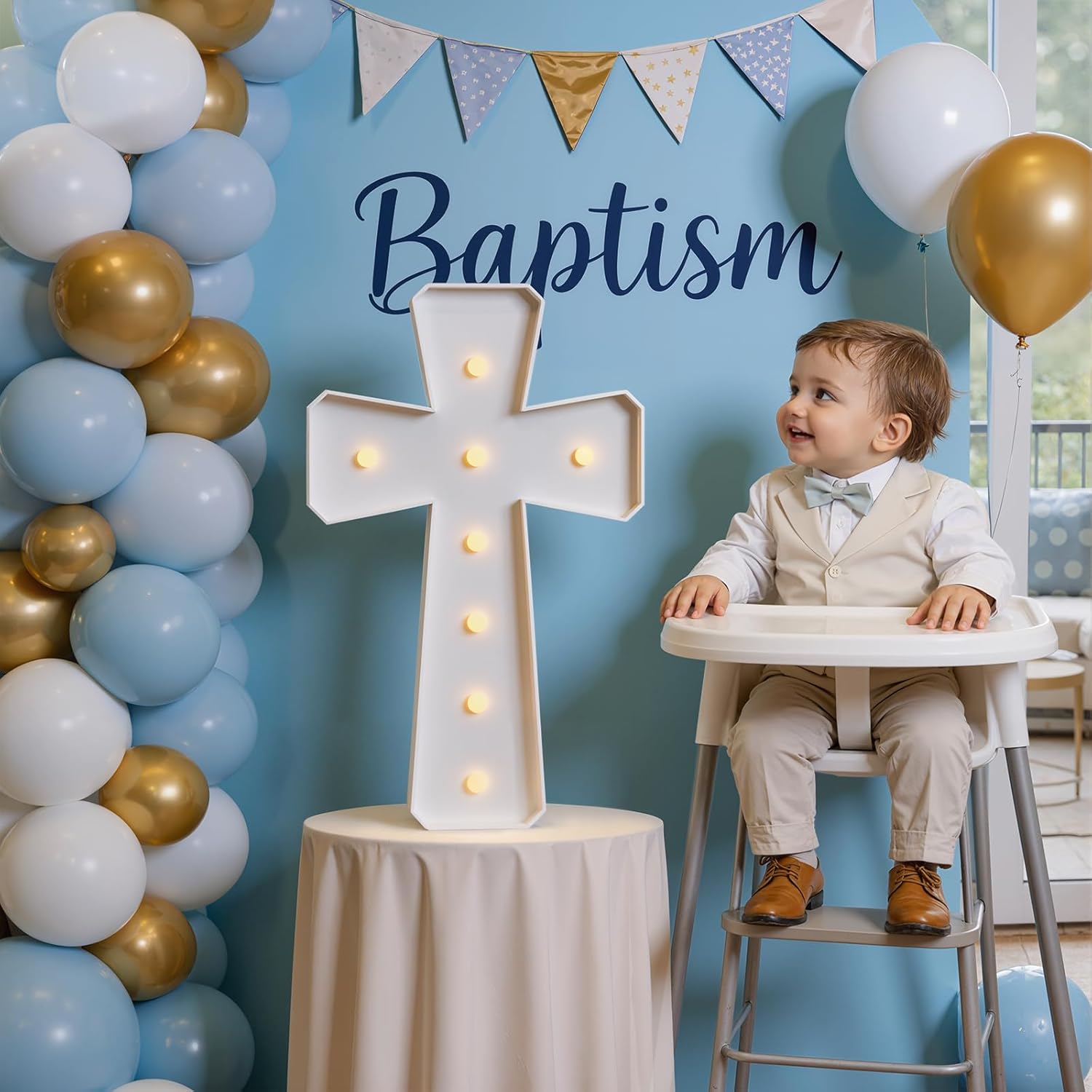 imprsv 4FT Light Up Cross for Baptism Decorations for Girl Boy, Large Marquee Cross for Mi Bautizo Decorations, Big Marquee Mosaic Frame for Baptism First Holy Communion Confirmation Party Decor