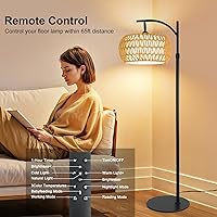 Vista 6 de Lámpara de pie de ratán boho con pantalla – Lámpara LED regulable brillante de 12 W, control remoto con 3 temperaturas de color, lámpara de pie