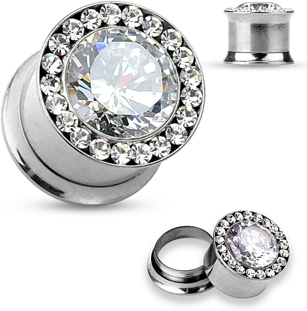 Pair of 00 Gauge 10mm CZ Centered CZ Rim Surgical Steel Double Flared Screw FE37
