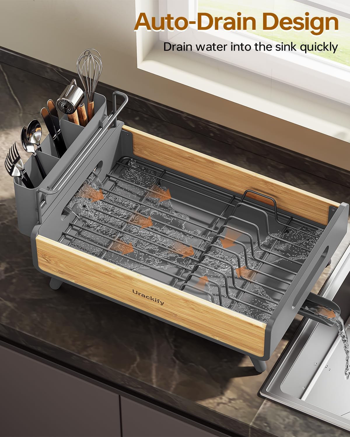Urackify Dish Drainer Rack for Kitchen Counter – Stainless Steel & Bamboo Dish rack, Dish Drying Rack Kitchen with Large Removable Utensil Holder, Dish Drainer with Auto-Drain Drainboard, Grey image 3
