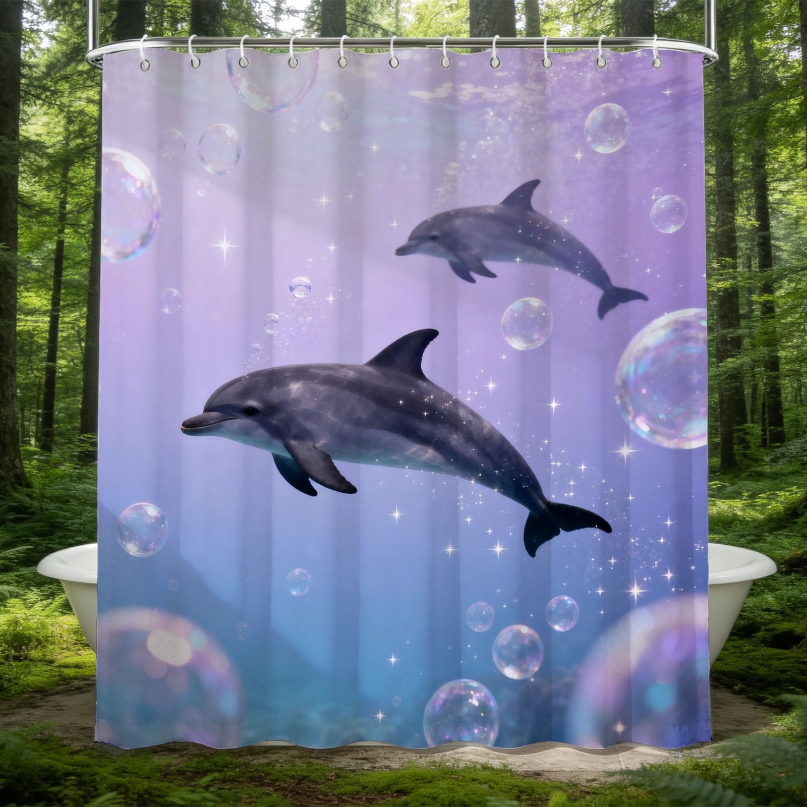Hongduo 3D Dreamy Dolphin Shower Curtain for Stalls Bathtubs Cute Lovely Bathroom Decor Shower Curtain Set Polyester Fabric Waterproof 180x180cm/71X71 Inch with Hooks